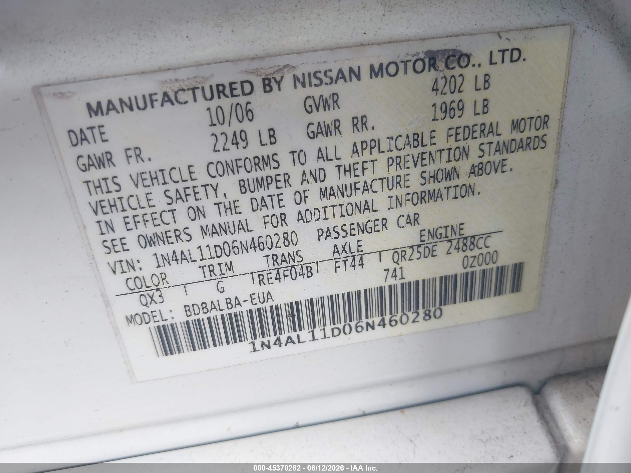 2006 Nissan Altima 2.5 S Белый vin: 1N4AL11D06N460280