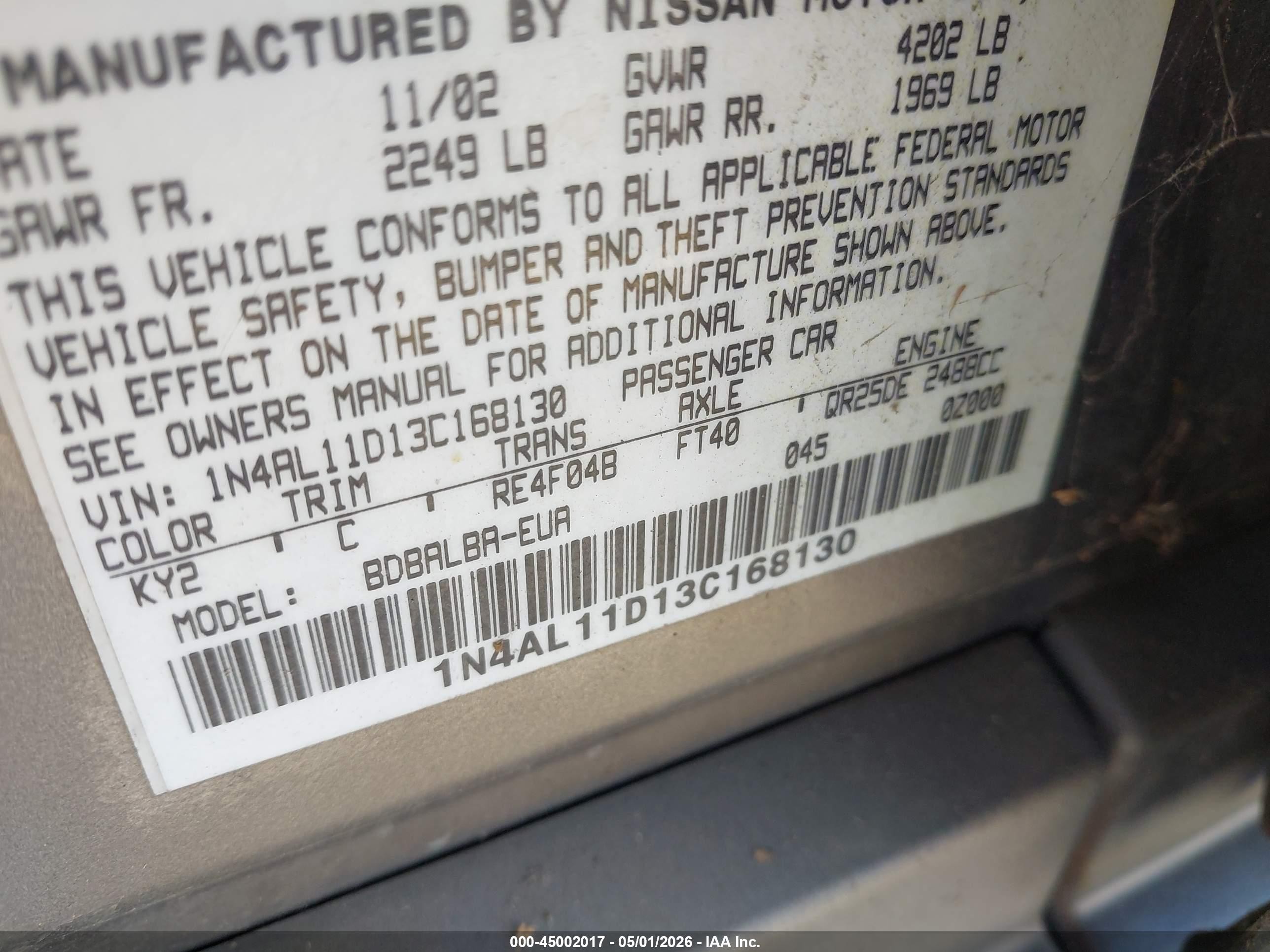 2003 Nissan Altima 2.5 S Gold vin: 1N4AL11D13C168130
