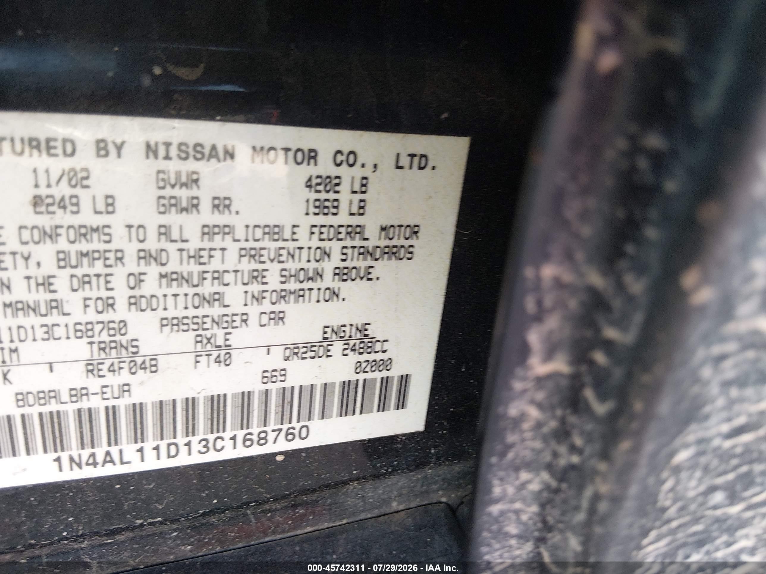 2003 Nissan Altima 2.5 S Black vin: 1N4AL11D13C168760