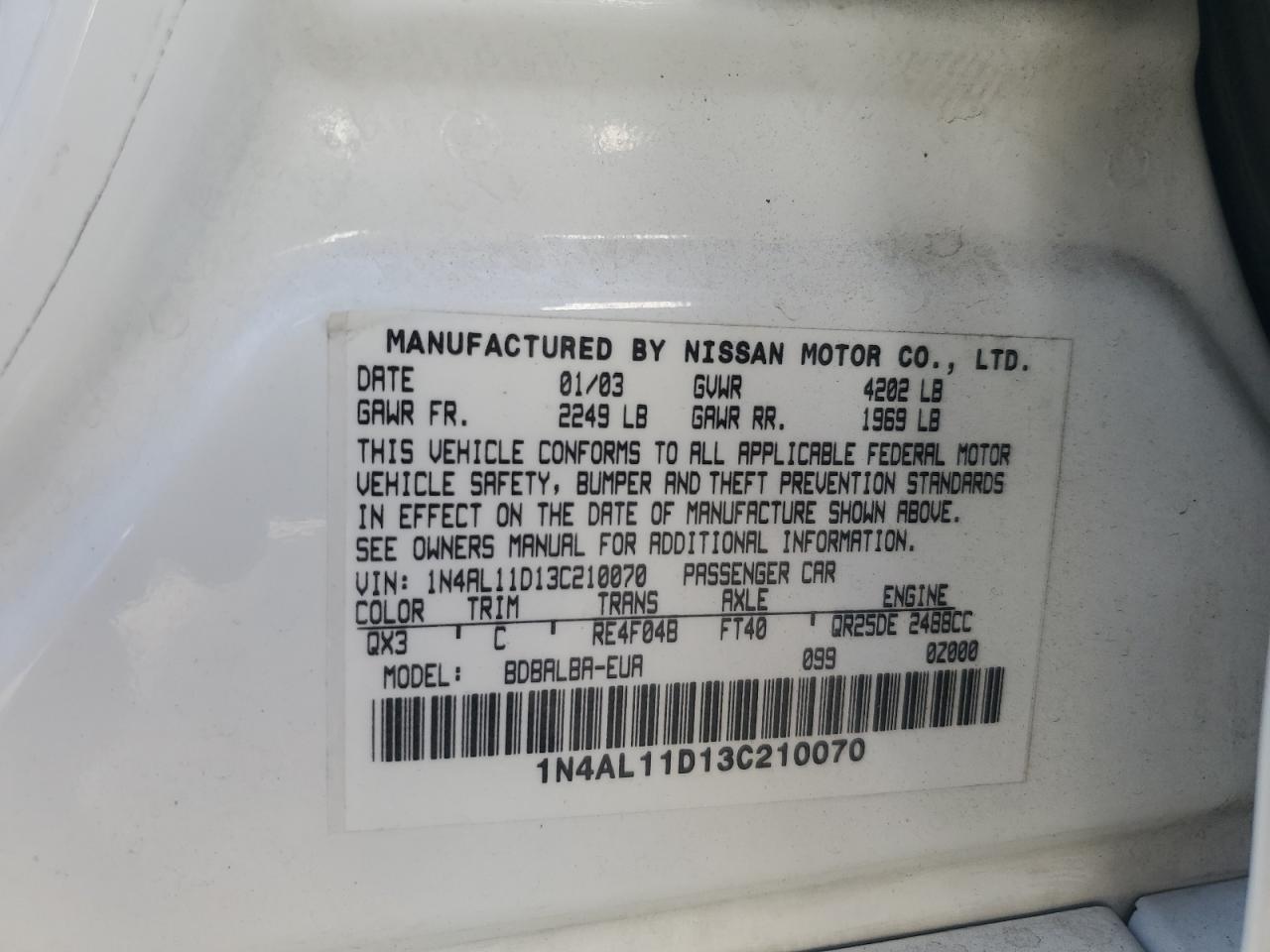 2003 Nissan Altima Base Белый vin: 1N4AL11D13C210070