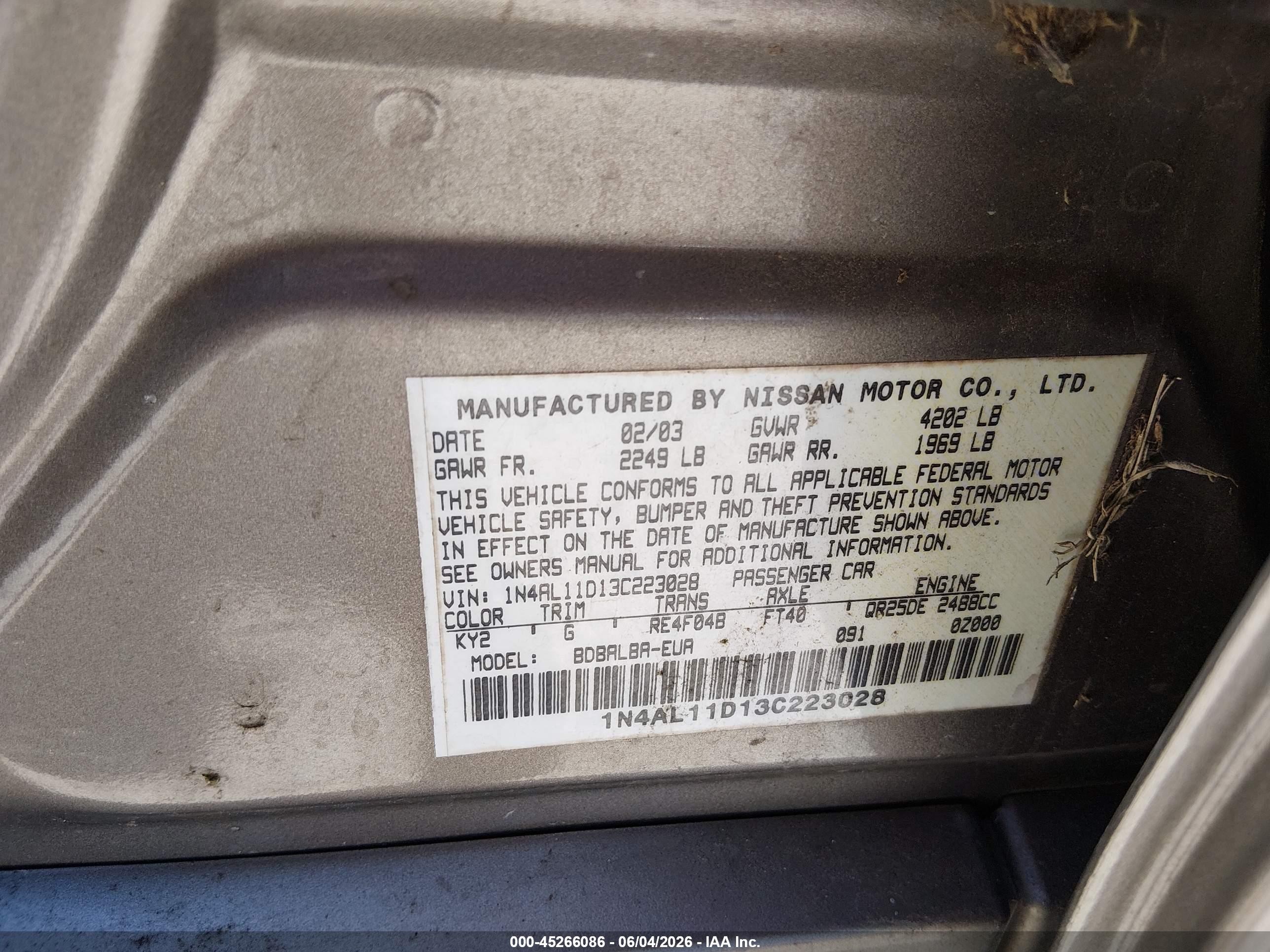 2003 Nissan Altima 2.5 S Gold vin: 1N4AL11D13C223028