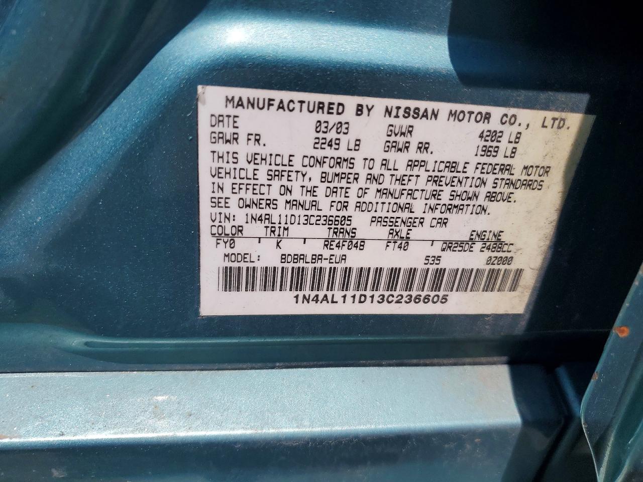 2003 Nissan Altima Base/s/sl Teal vin: 1N4AL11D13C236605