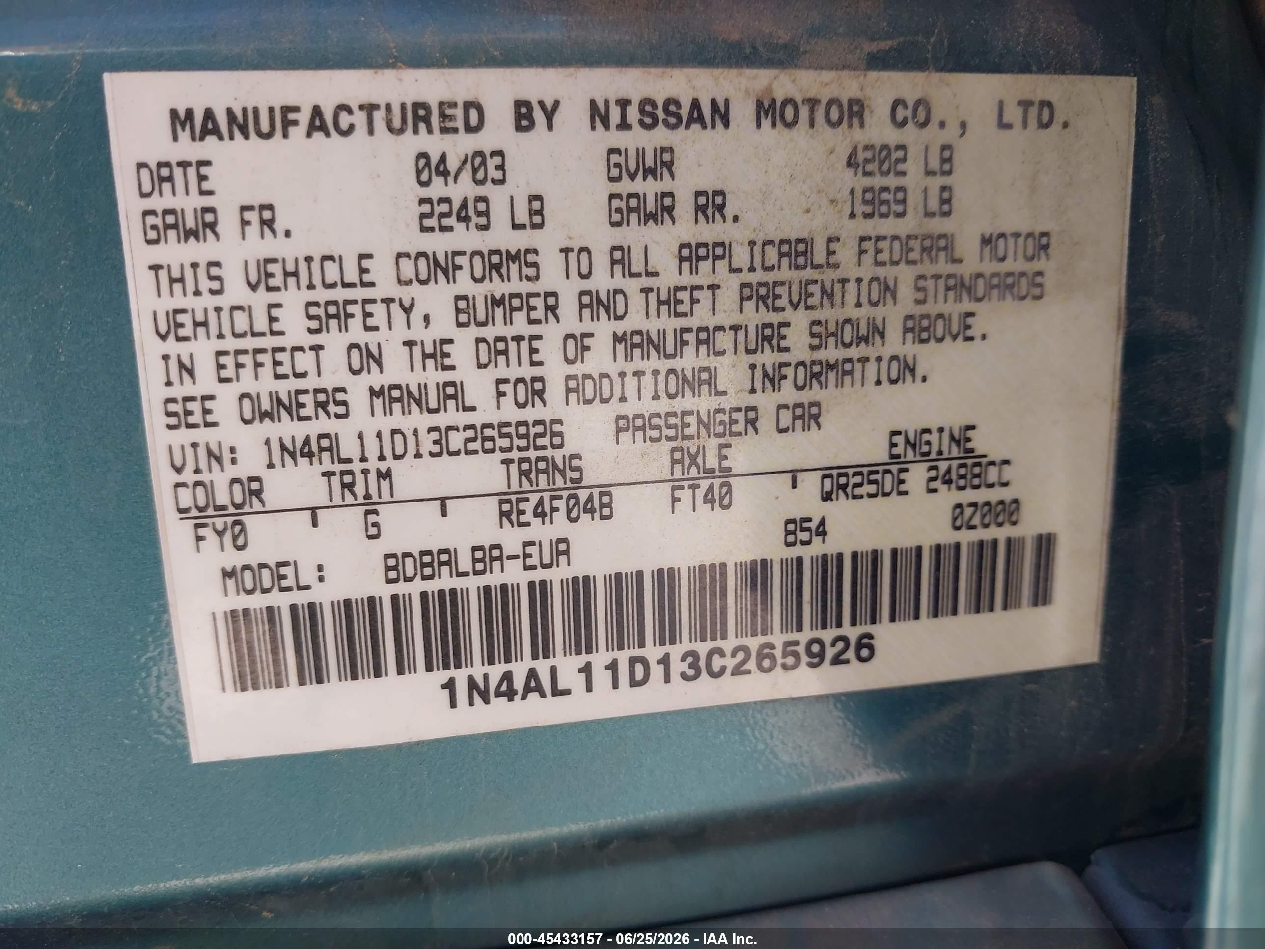 2003 Nissan Altima 2.5 S Teal vin: 1N4AL11D13C265926
