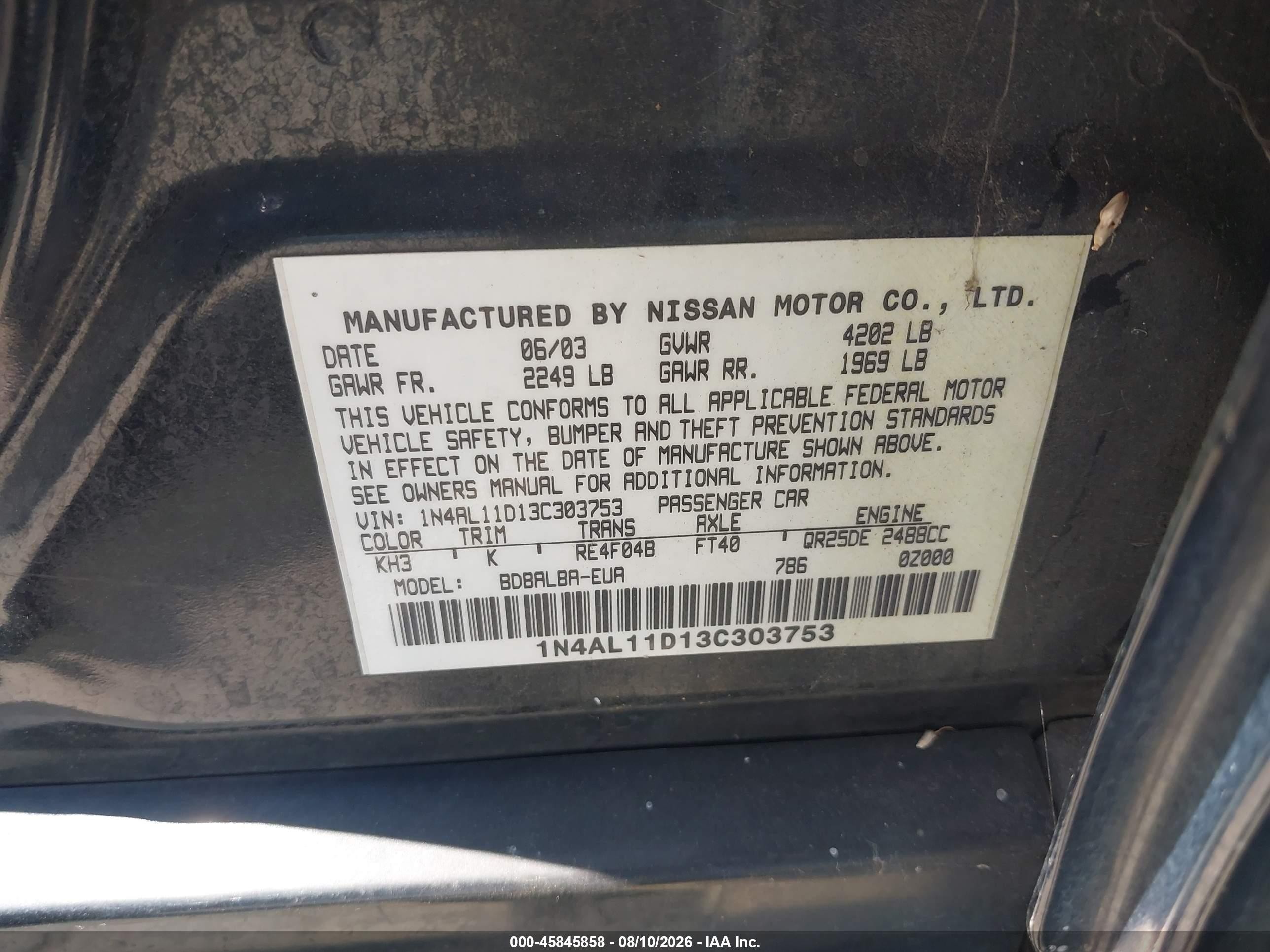 2003 Nissan Altima 2.5 S Black vin: 1N4AL11D13C303753