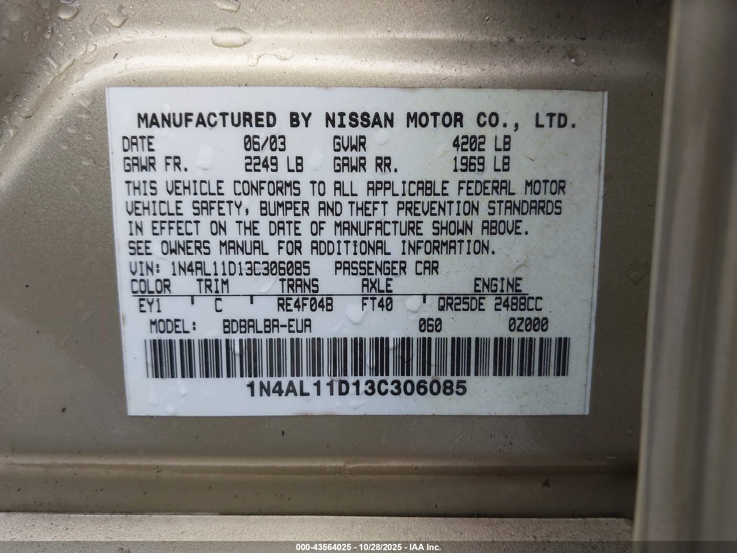 2003 Nissan Altima 2.5 S Gold vin: 1N4AL11D13C306085