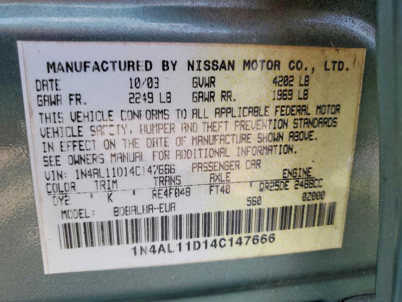 2004 Nissan Altima 2.5 Green vin: 1N4AL11D14C147666