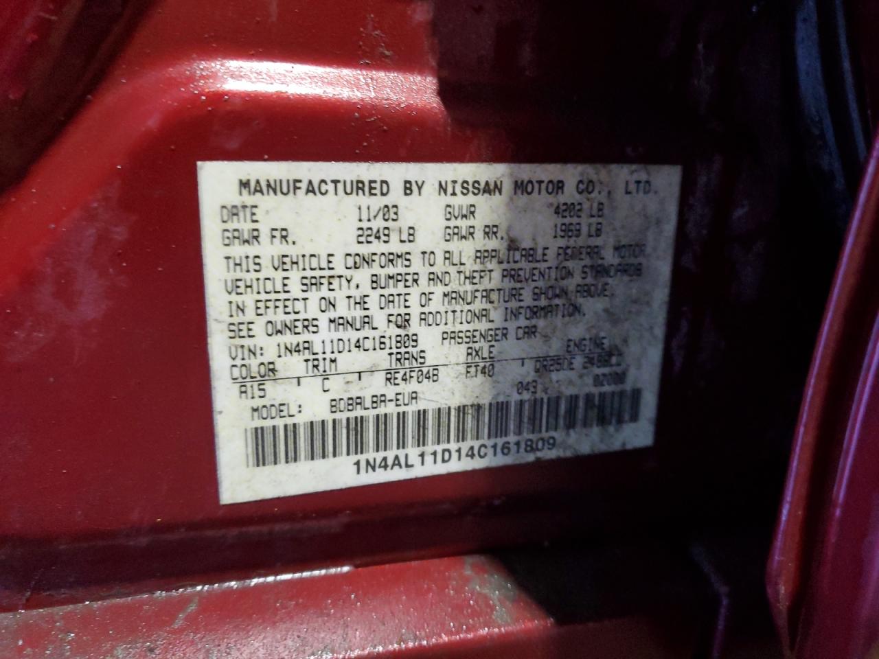 2004 Nissan Altima 2.5 Burgundy vin: 1N4AL11D14C161809