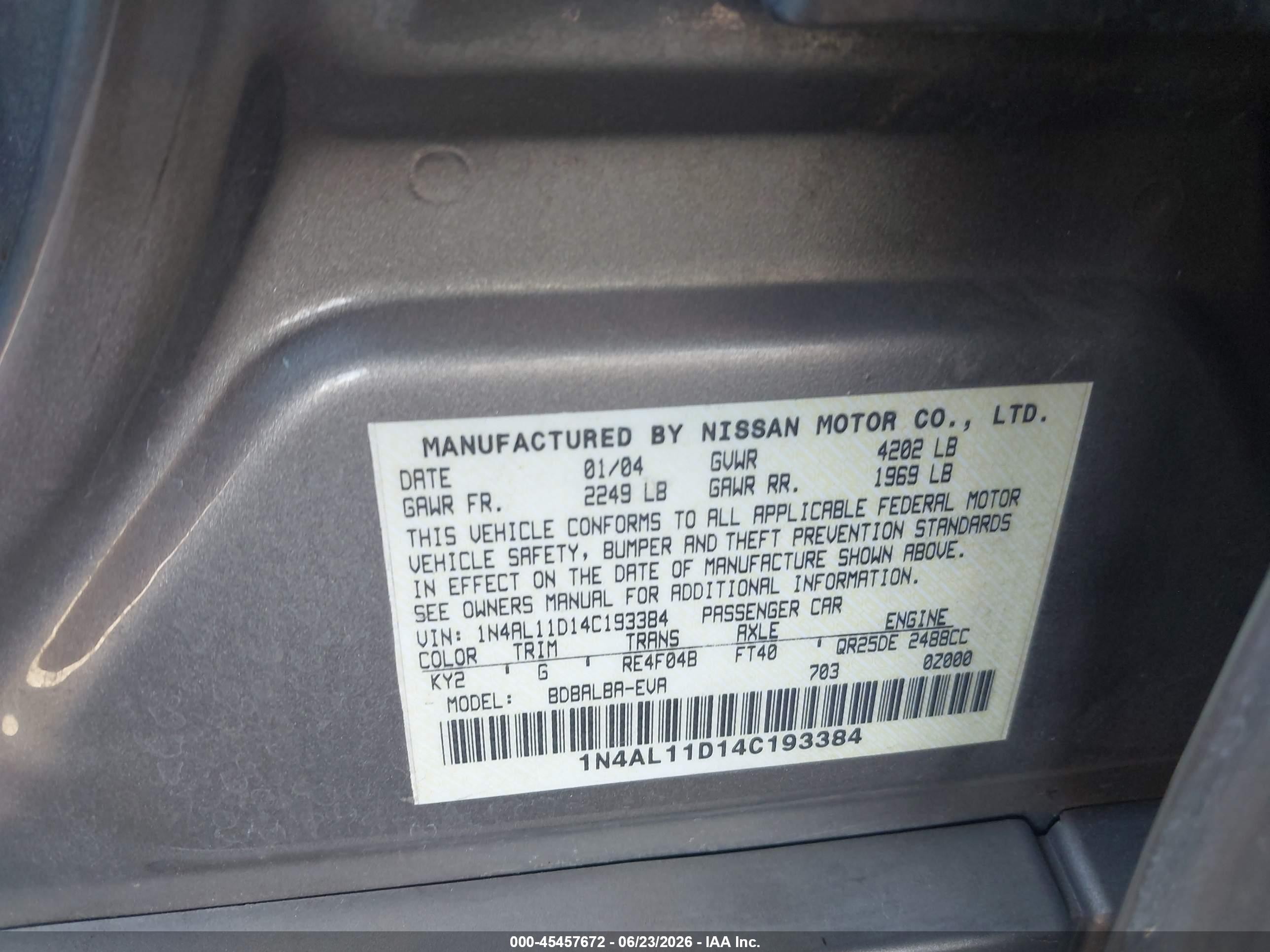 2004 Nissan Altima 2.5 Sl Gray vin: 1N4AL11D14C193384
