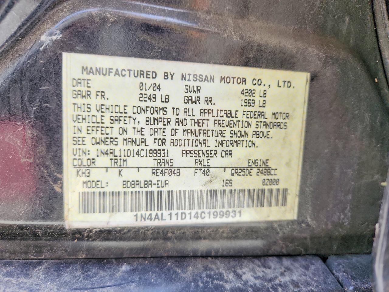 2004 Nissan Altima 2.5 Black vin: 1N4AL11D14C199931