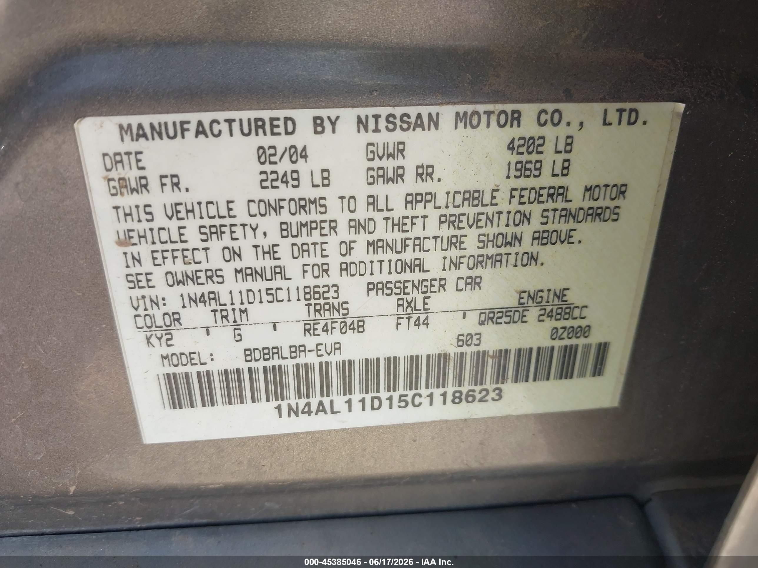 2005 Nissan Altima 2.5 S Champagne vin: 1N4AL11D15C118623