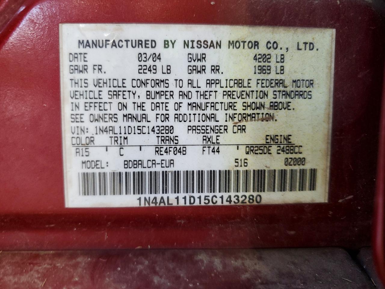2005 Nissan Altima 2.5 Burgundy vin: 1N4AL11D15C143280