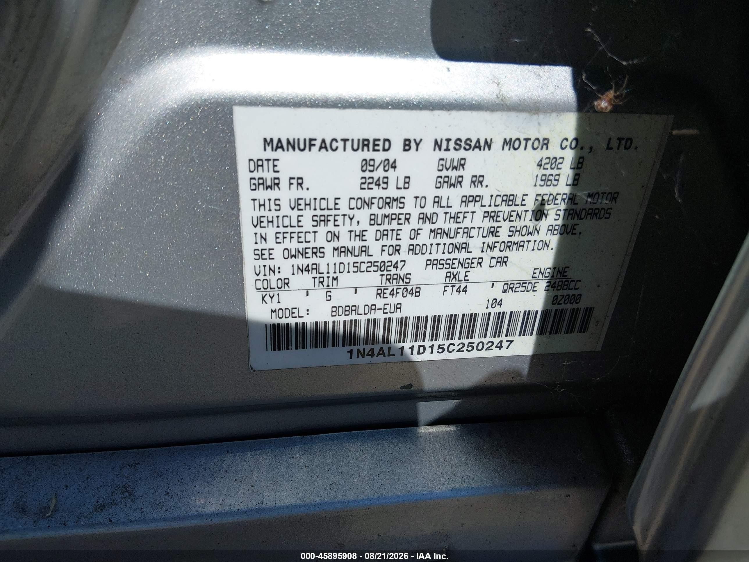 2005 Nissan Altima 2.5 S Silver vin: 1N4AL11D15C250247