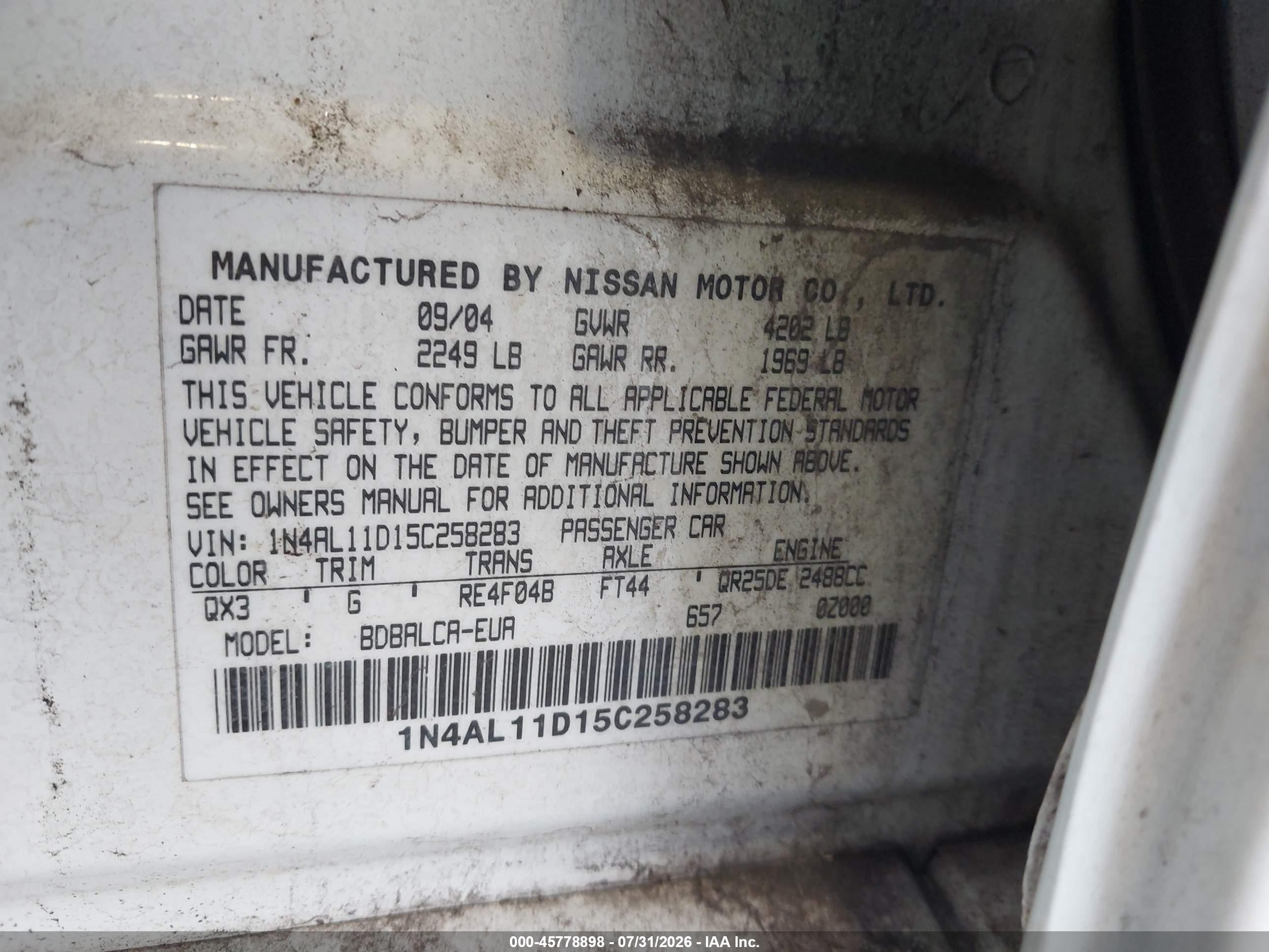 2005 Nissan Altima 2.5 S White vin: 1N4AL11D15C258283