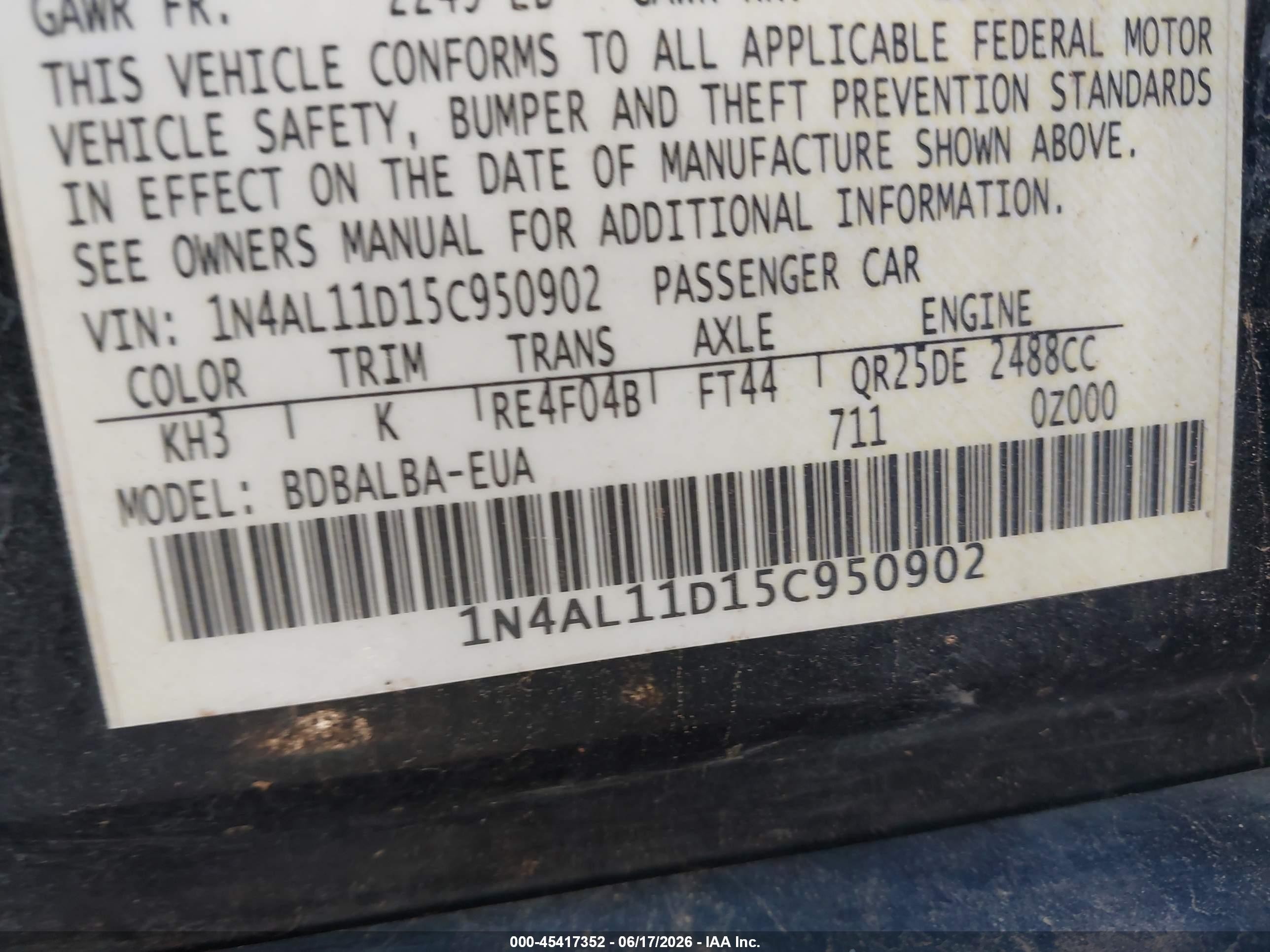 2005 Nissan Altima 2.5 S Black vin: 1N4AL11D15C950902
