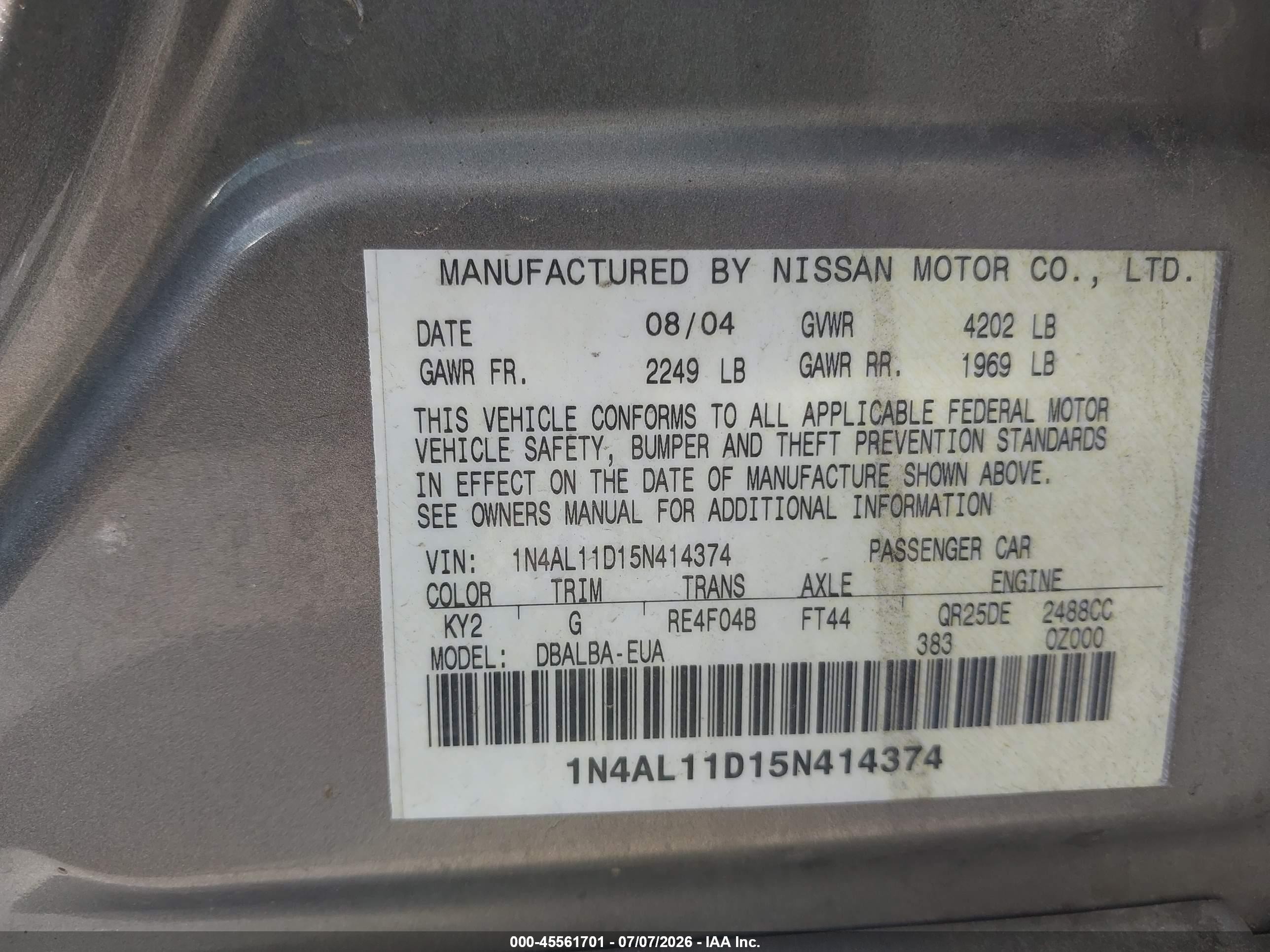 2005 Nissan Altima 2.5 S Серебряный vin: 1N4AL11D15N414374