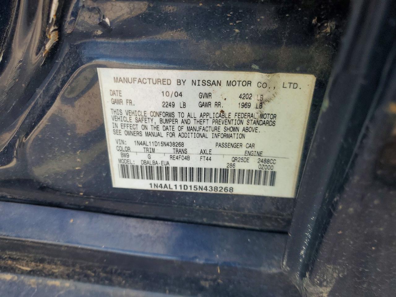 2005 Nissan Altima 2.5 Blue vin: 1N4AL11D15N438268