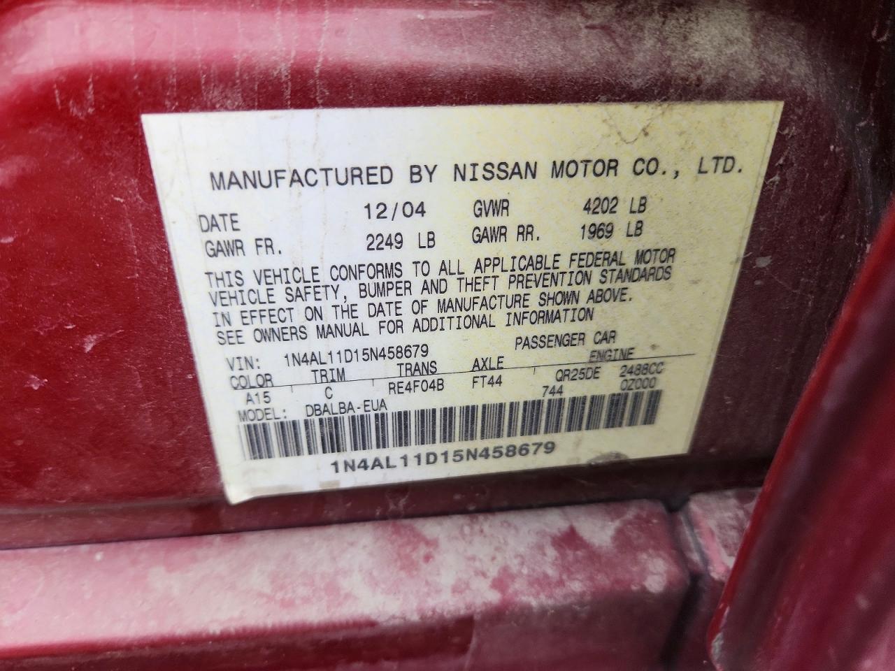 2005 Nissan Altima 2.5 Красный vin: 1N4AL11D15N458679