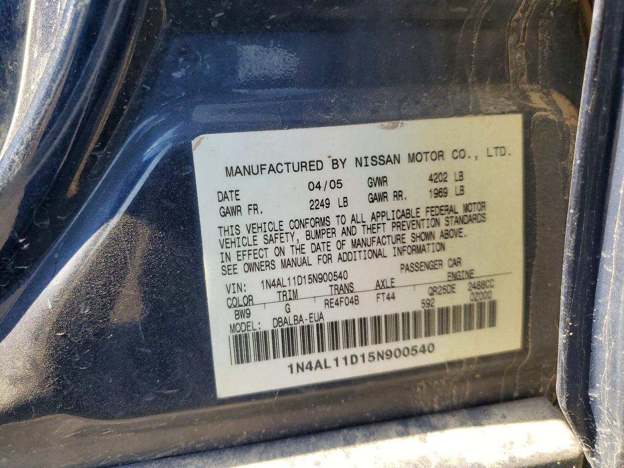 2005 Nissan Altima 2.5 Синий vin: 1N4AL11D15N900540