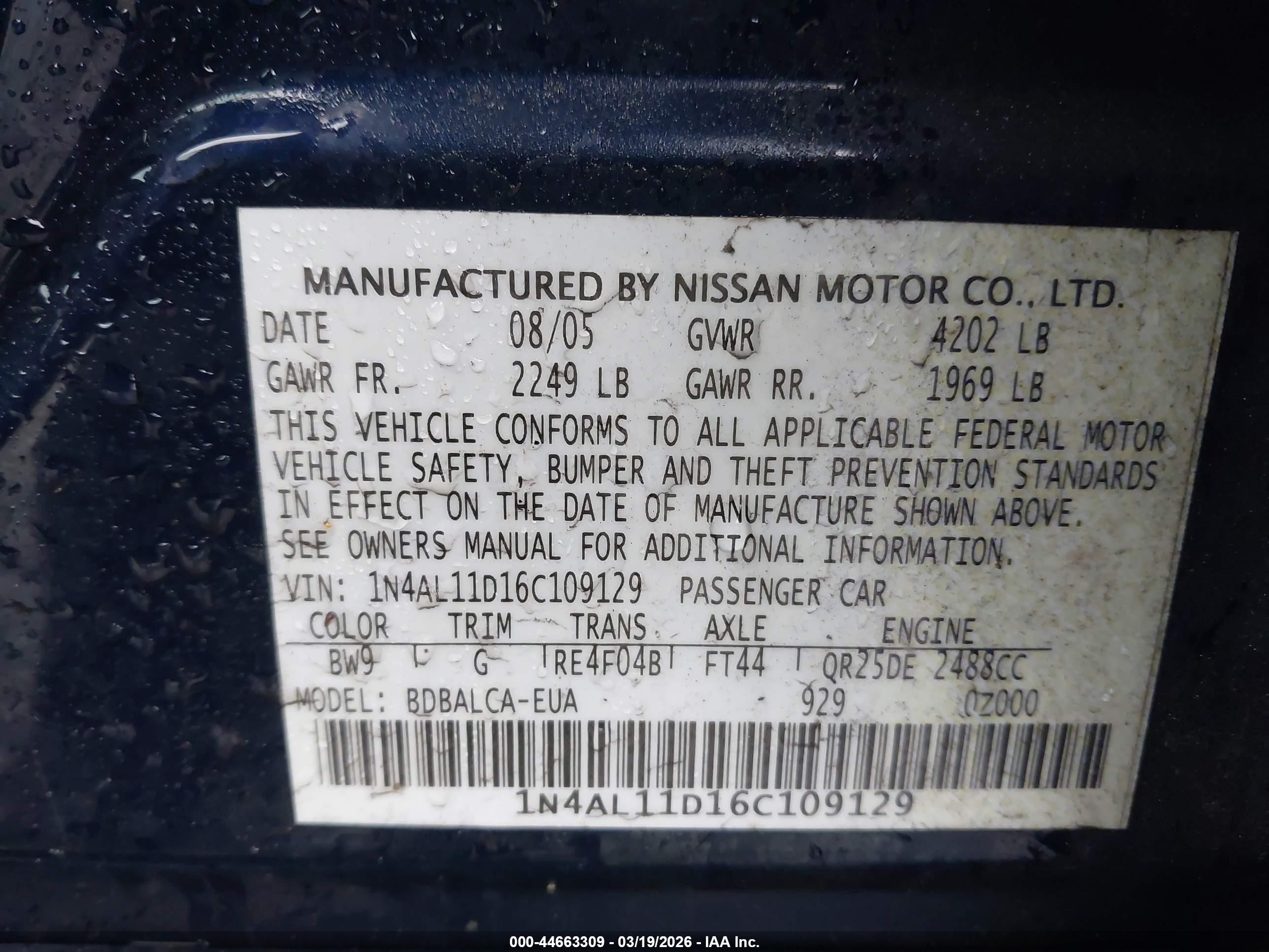 2006 Nissan Altima 2.5 S Navy vin: 1N4AL11D16C109129