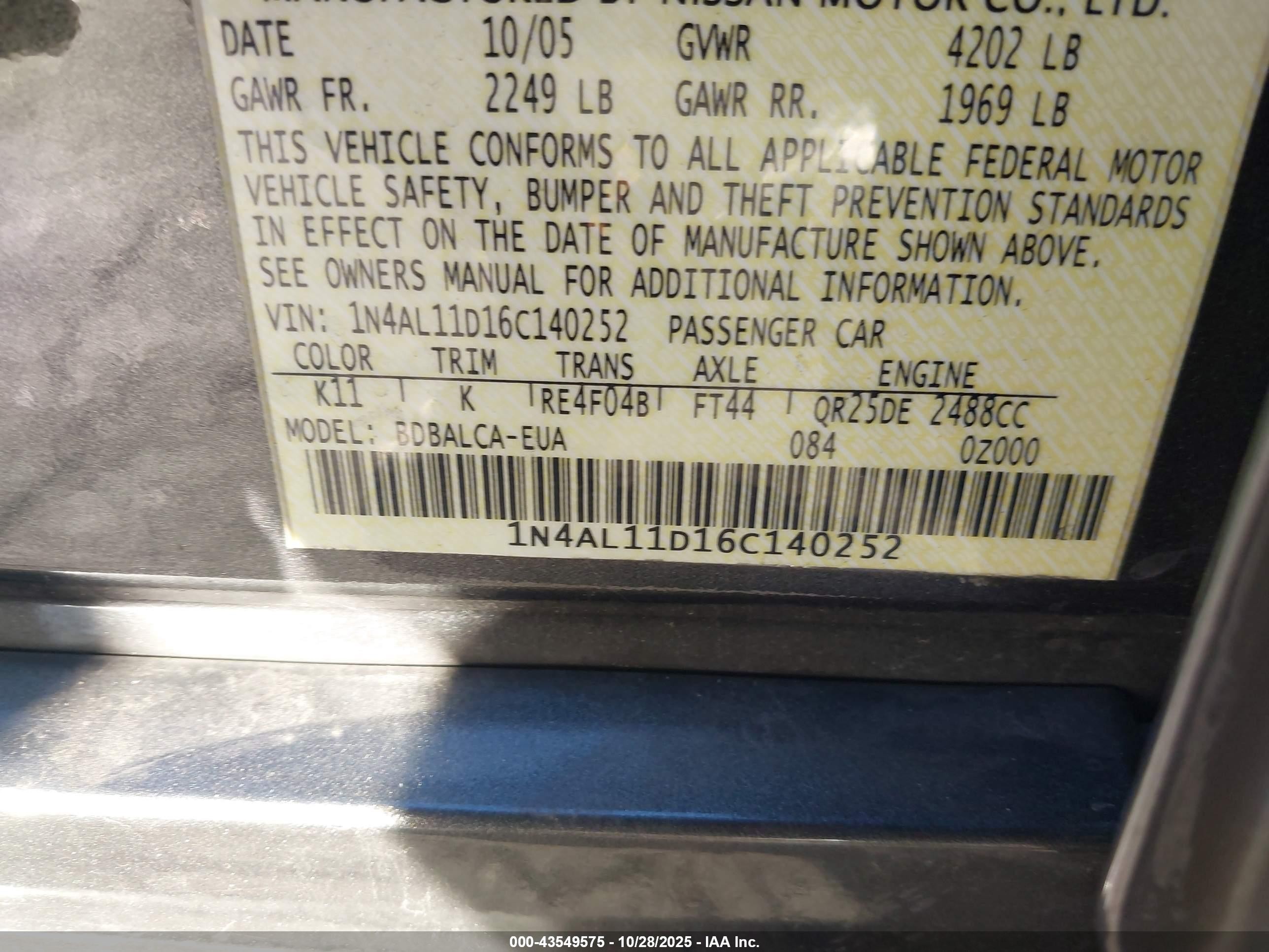 2006 Nissan Altima 2.5 S Gray vin: 1N4AL11D16C140252