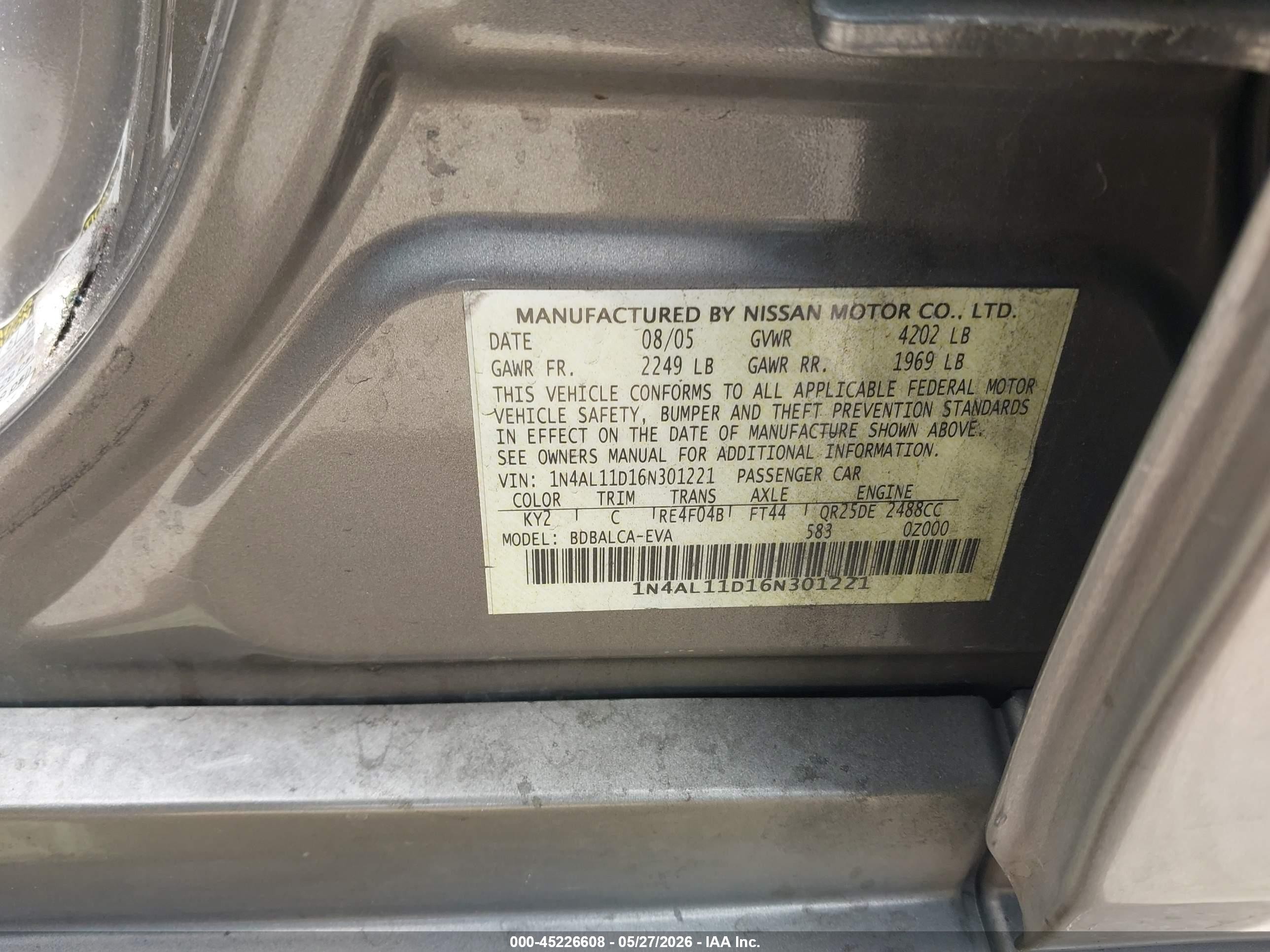 2006 Nissan Altima 2.5 S Beige vin: 1N4AL11D16N301221