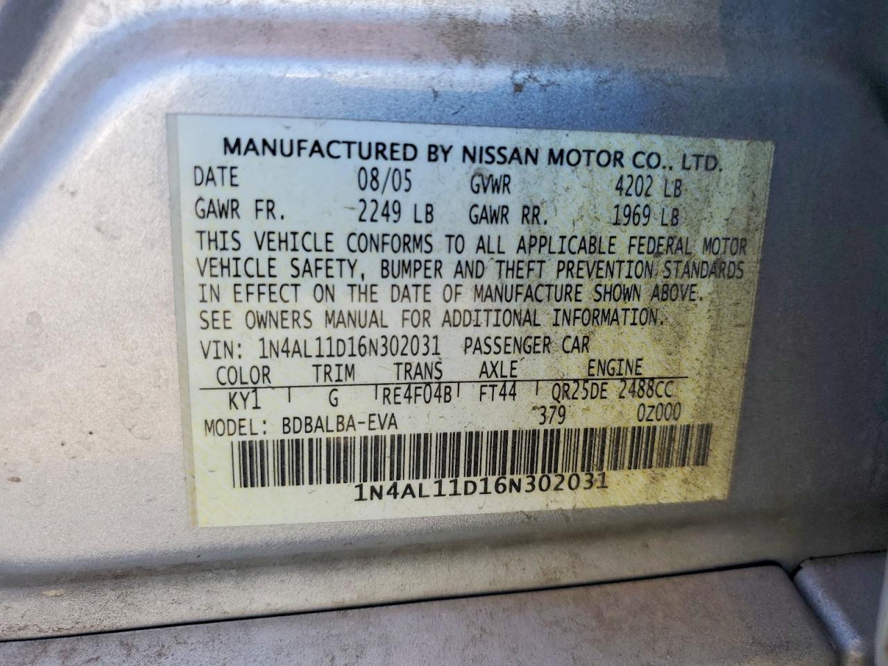 2006 Nissan Altima 2.5 Silver vin: 1N4AL11D16N302031