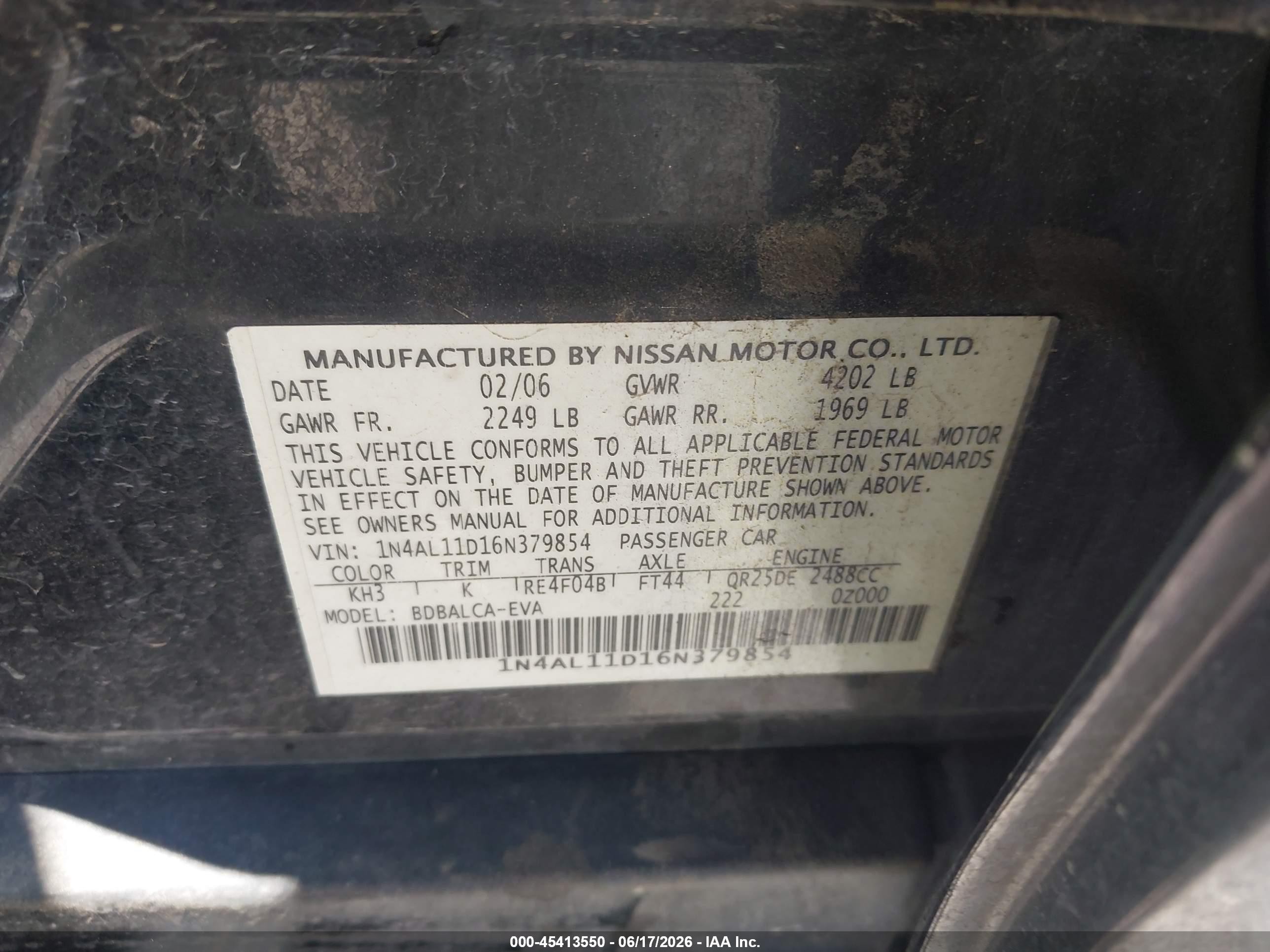 2006 Nissan Altima 2.5 S Черный vin: 1N4AL11D16N379854