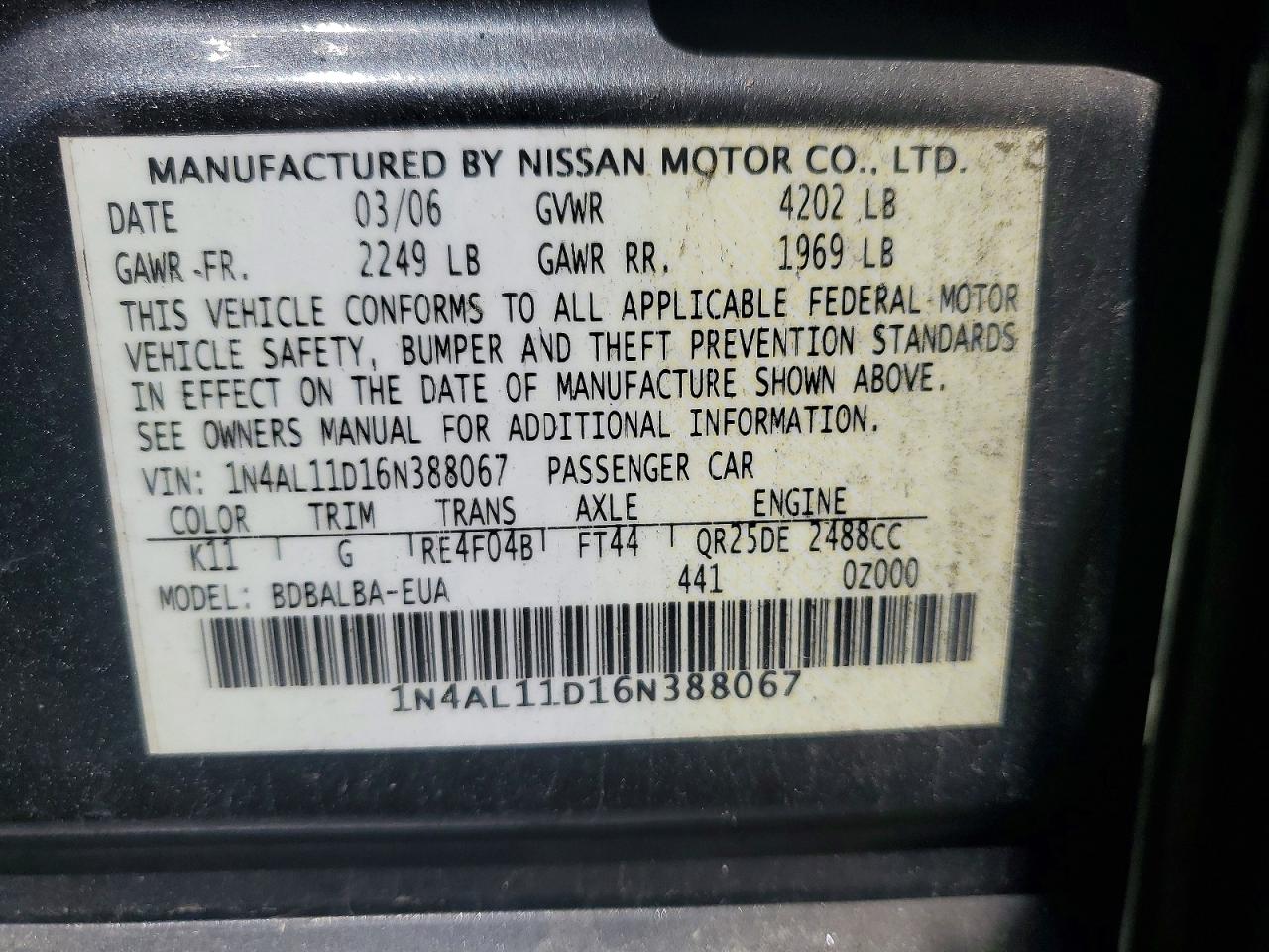 2006 Niss Altima Gray vin: 1N4AL11D16N388067