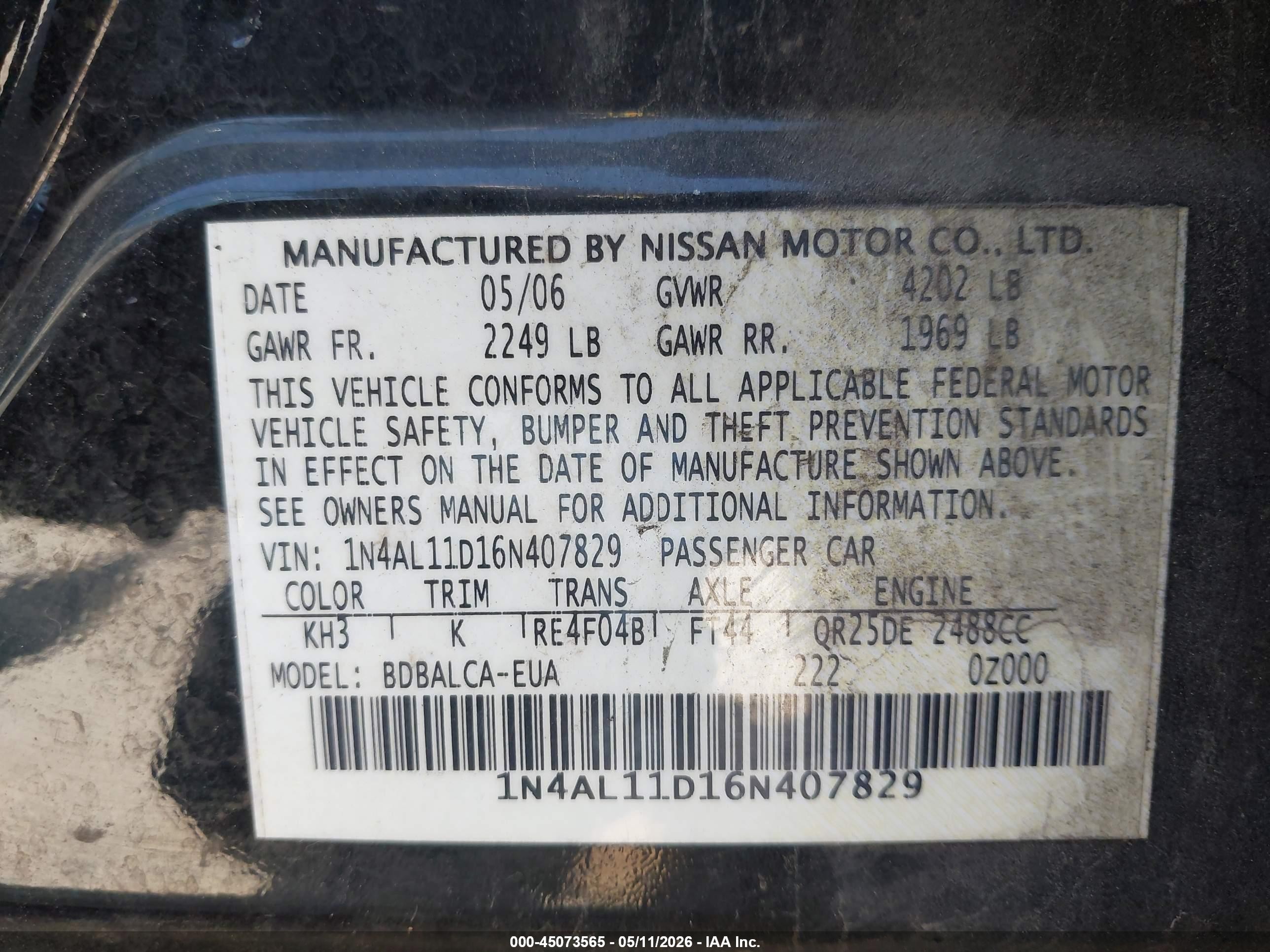 2006 Nissan Altima 2.5 S Black vin: 1N4AL11D16N407829