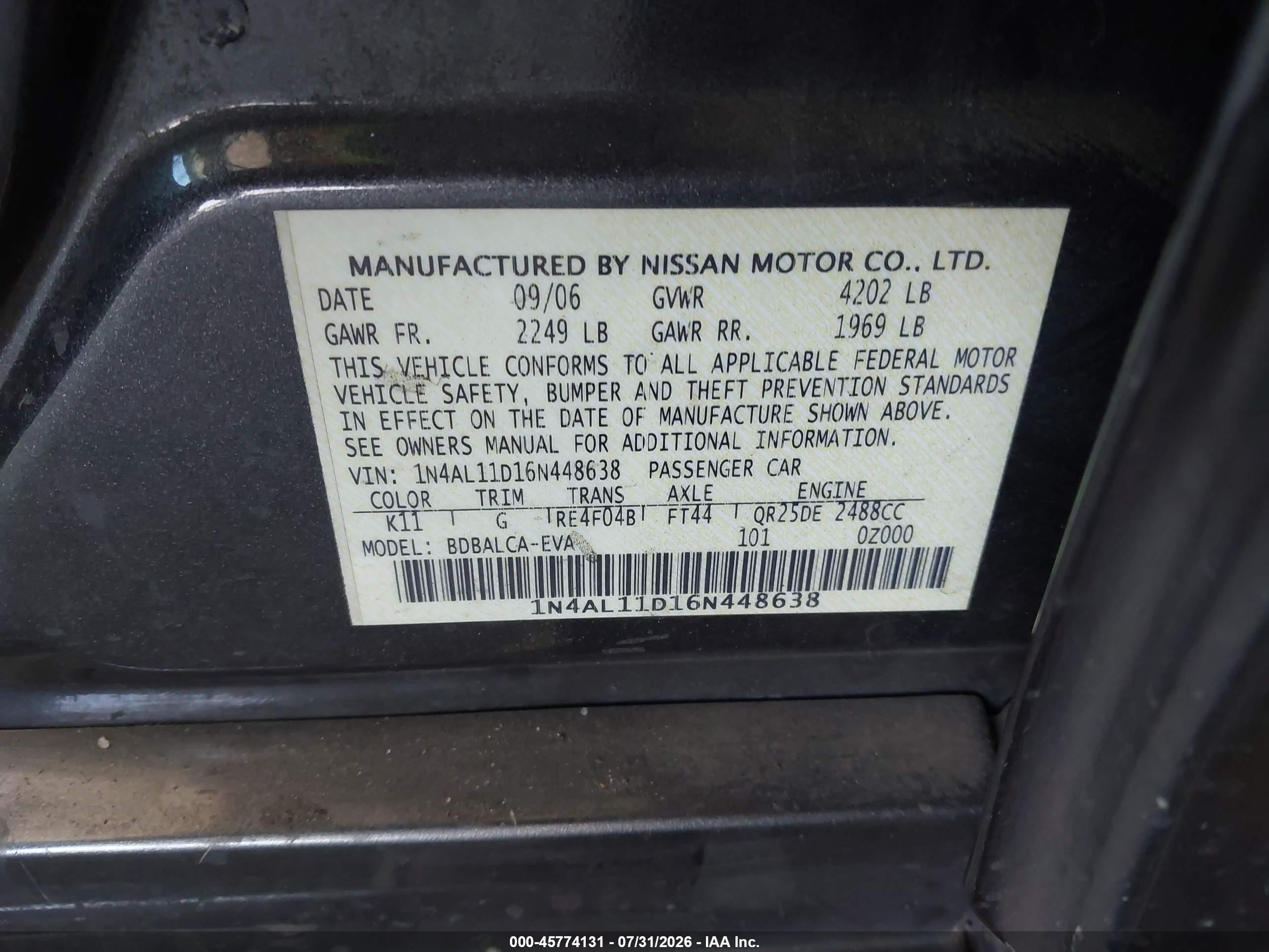 2006 Nissan Altima 2.5 S Серый vin: 1N4AL11D16N448638