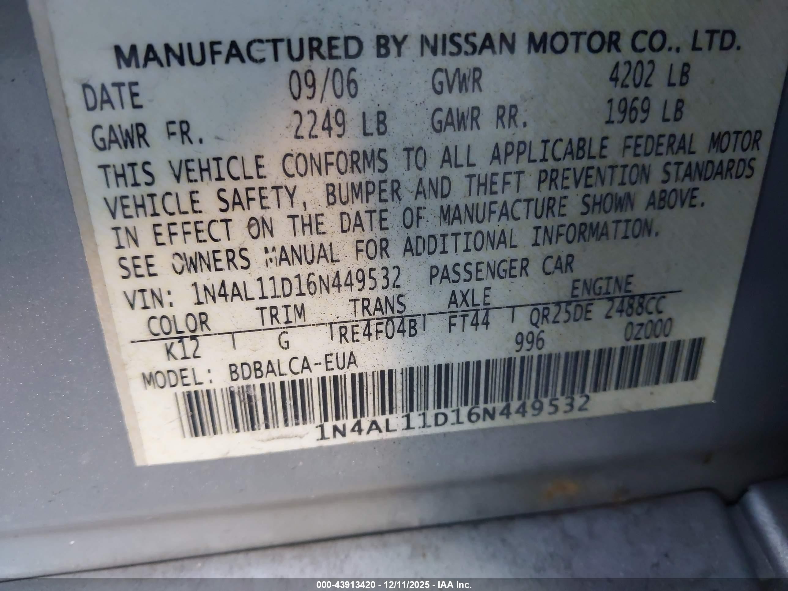 2006 Nissan Altima 2.5 S Black vin: 1N4AL11D16N449532