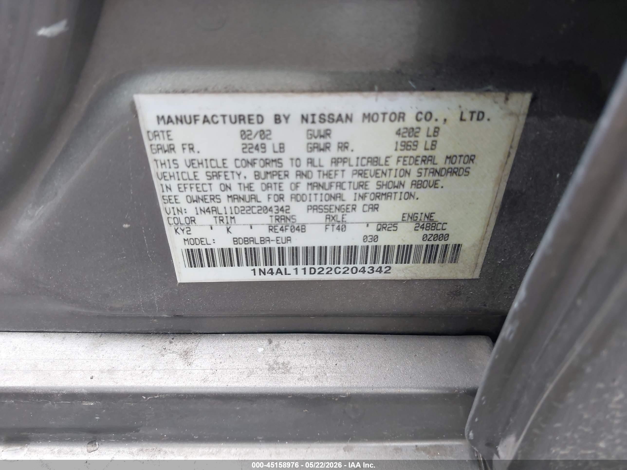 2002 Nissan Altima 2.5 S Gray vin: 1N4AL11D22C204342