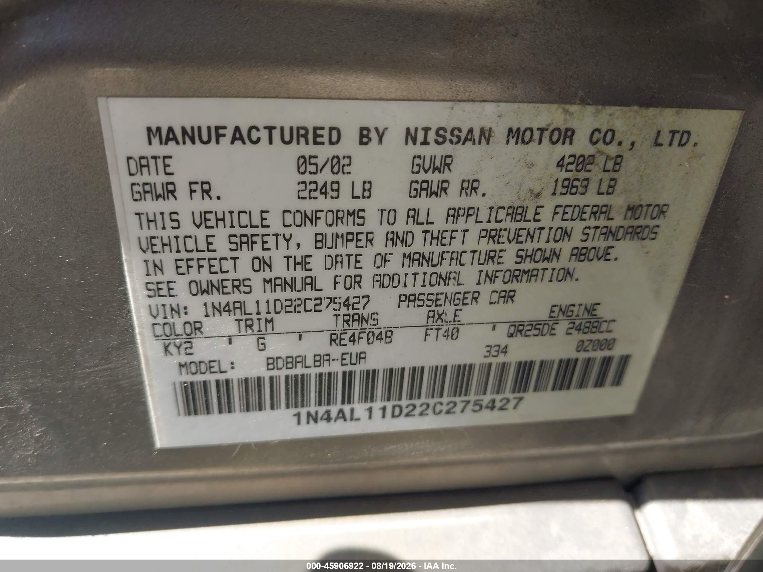 2002 Nissan Altima S/sl Champagne vin: 1N4AL11D22C275427