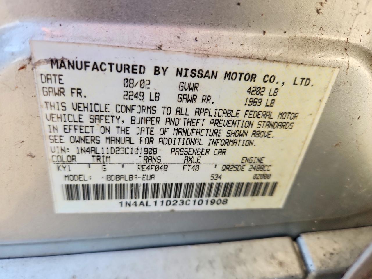 2003 Nissan Altima 2.5 Silver vin: 1N4AL11D23C101908