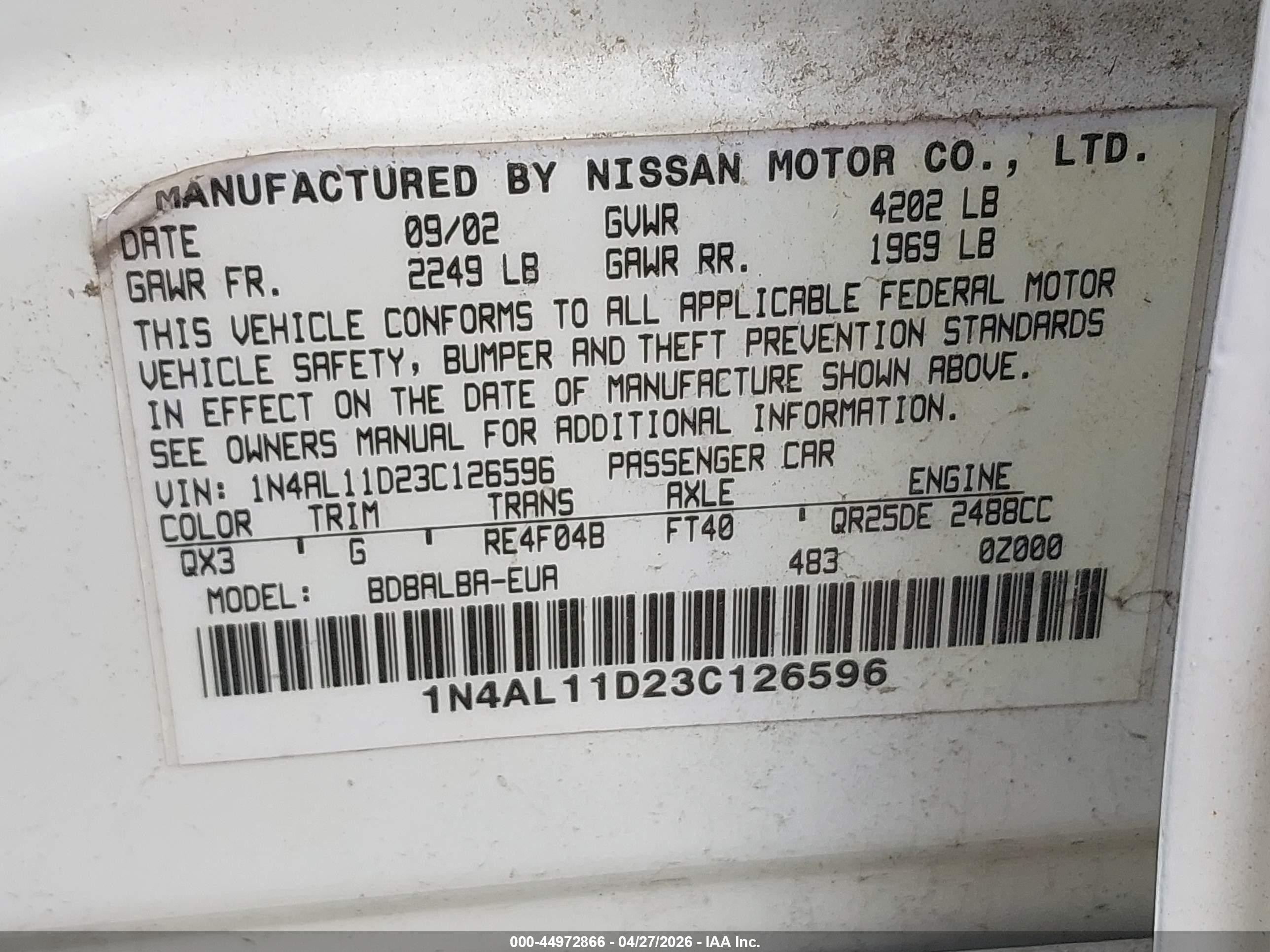 2003 Nissan Altima 2.5 S White vin: 1N4AL11D23C126596