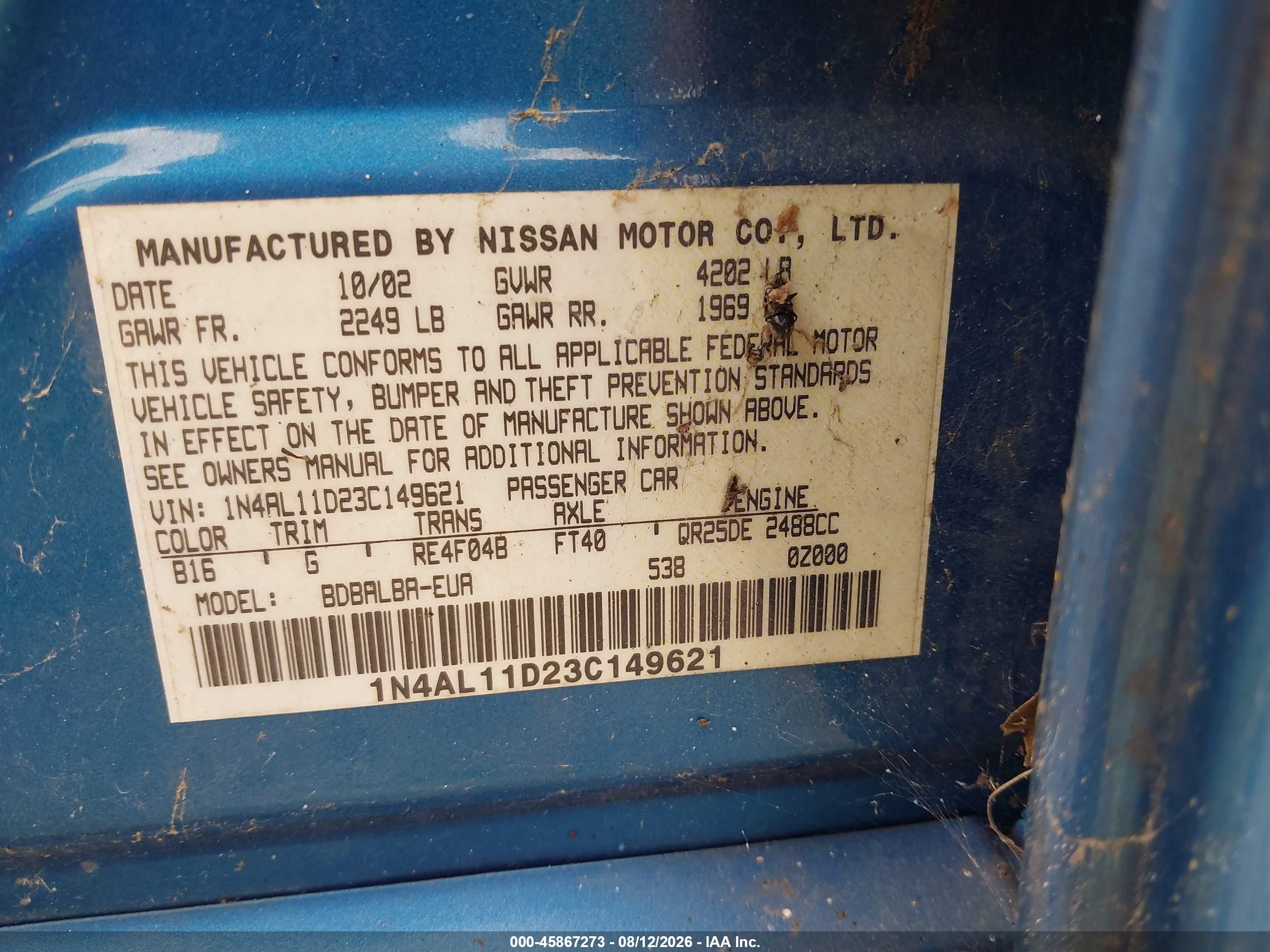 2003 Nissan Altima 2.5 S Blue vin: 1N4AL11D23C149621
