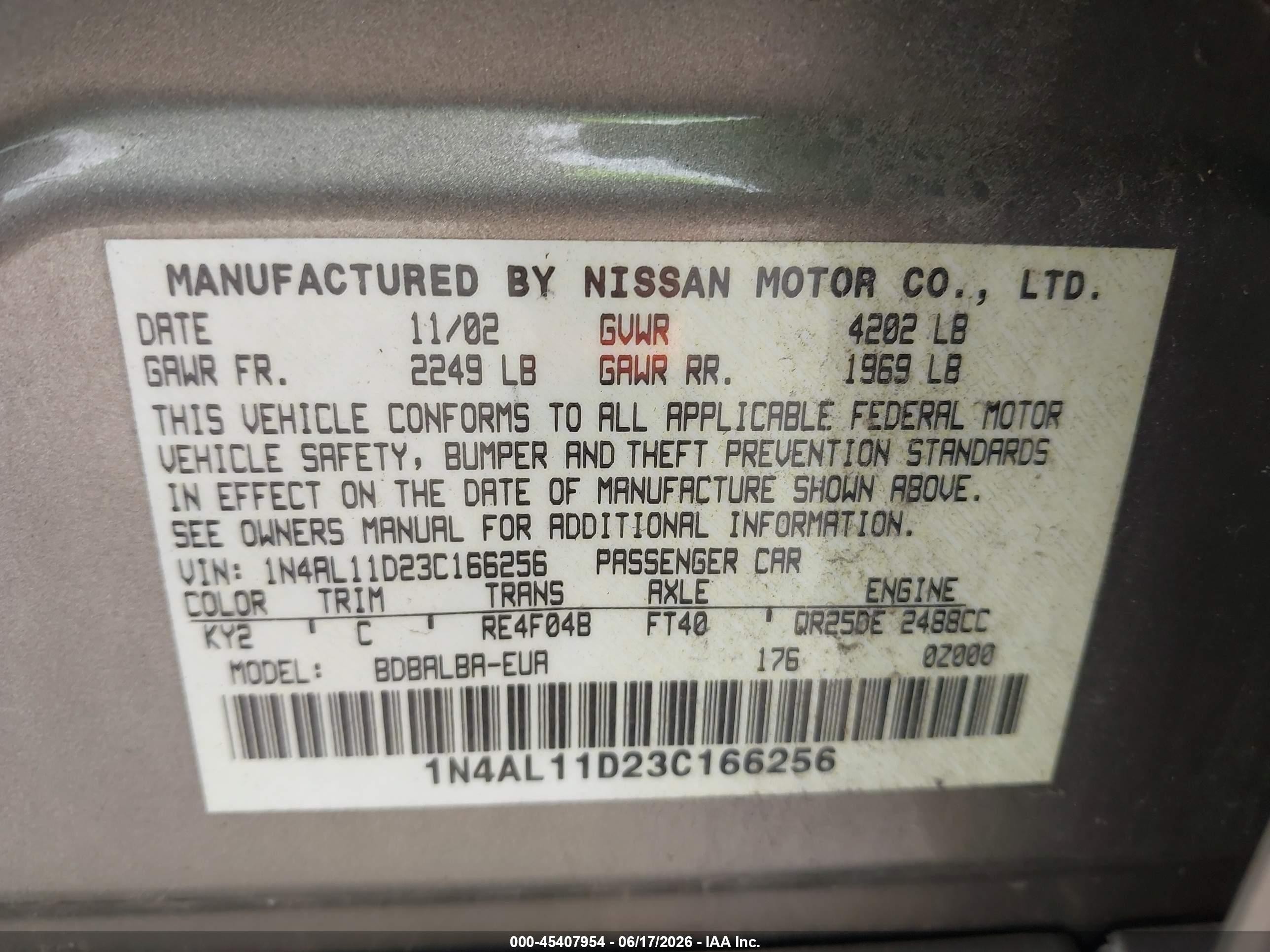 2003 Nissan Altima 2.5 Sl Beige vin: 1N4AL11D23C166256