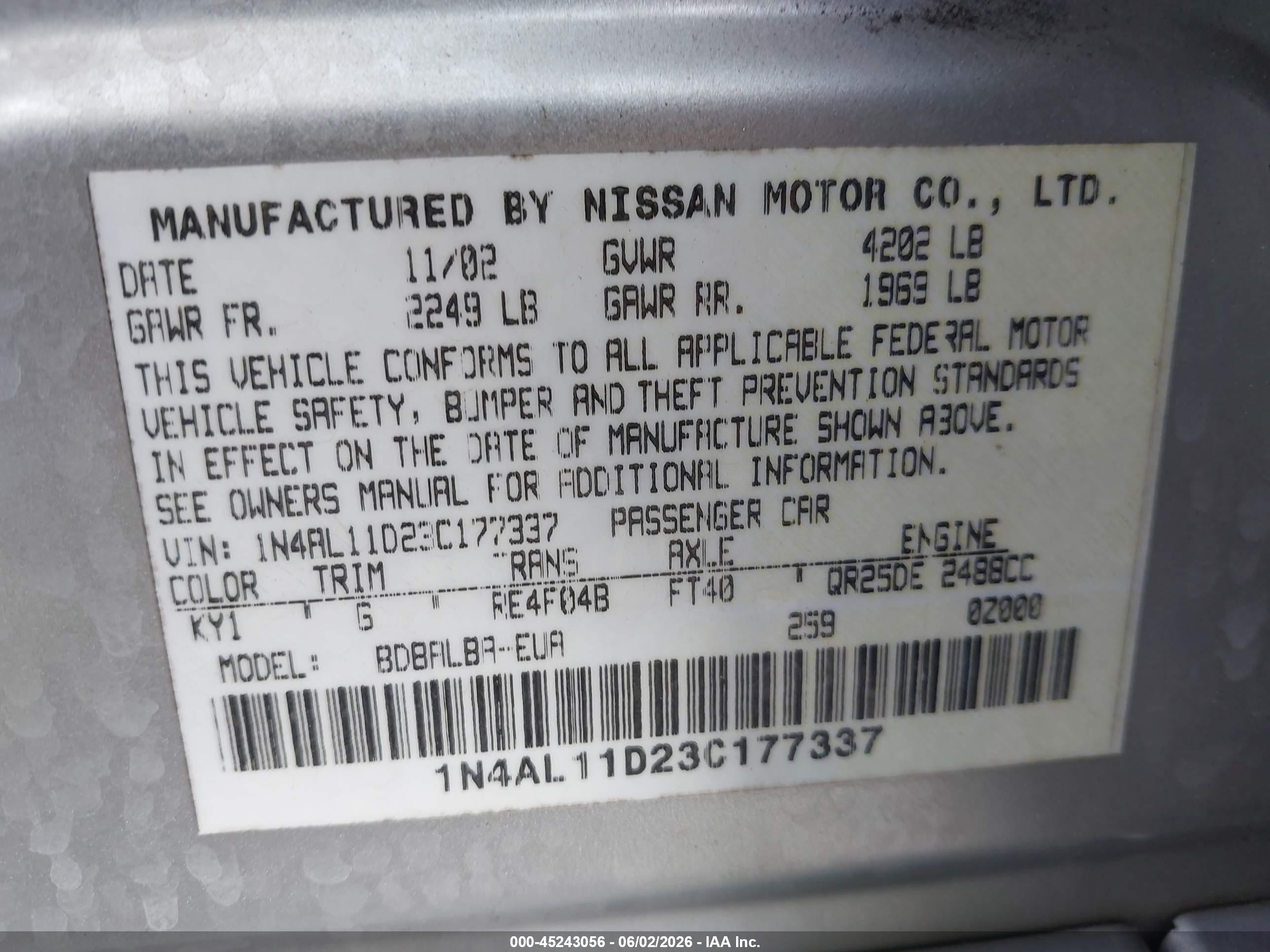 2003 Nissan Altima 2.5 S Silver vin: 1N4AL11D23C177337