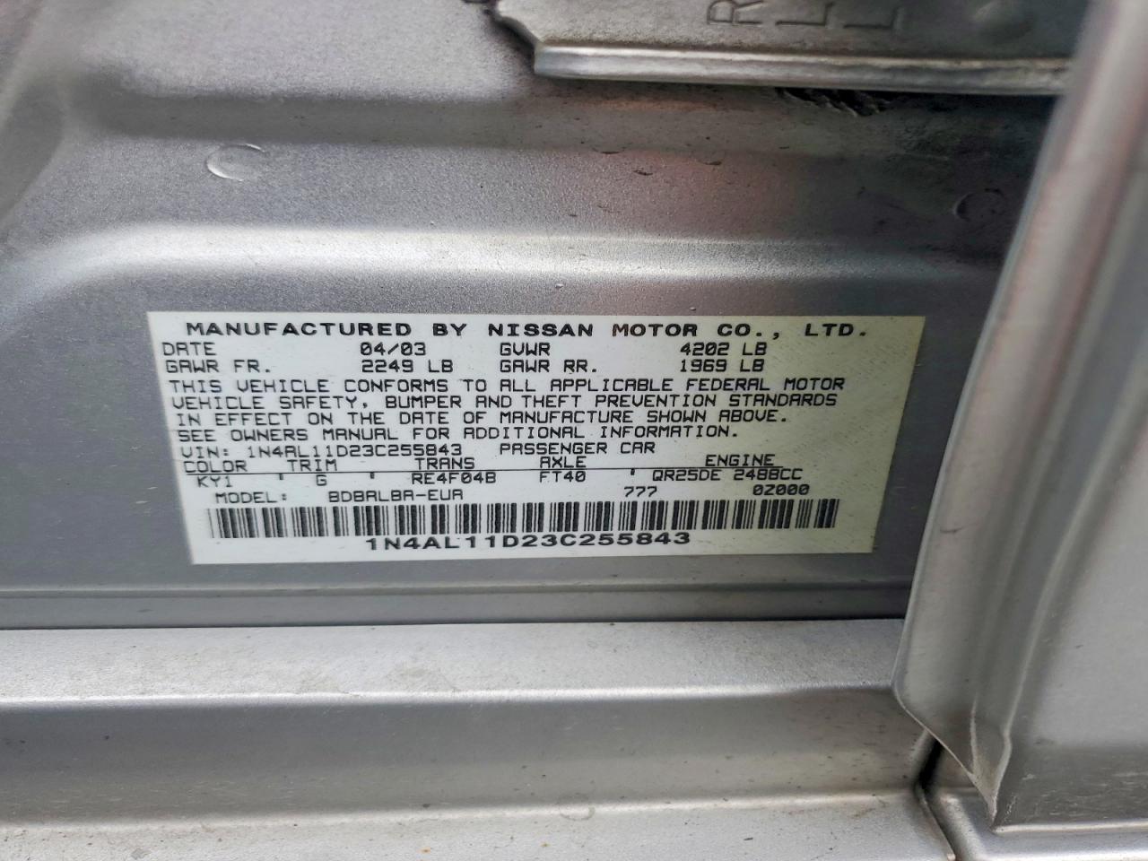 2003 Nissan Altima 2.5 Серебряный vin: 1N4AL11D23C255843