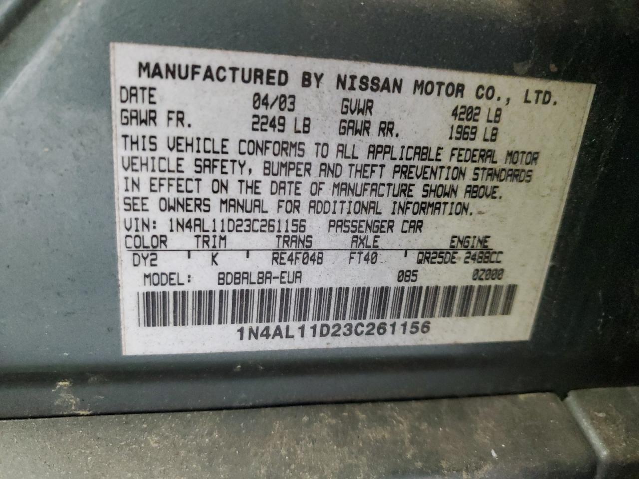 2003 Nissan Altima Base Green vin: 1N4AL11D23C261156
