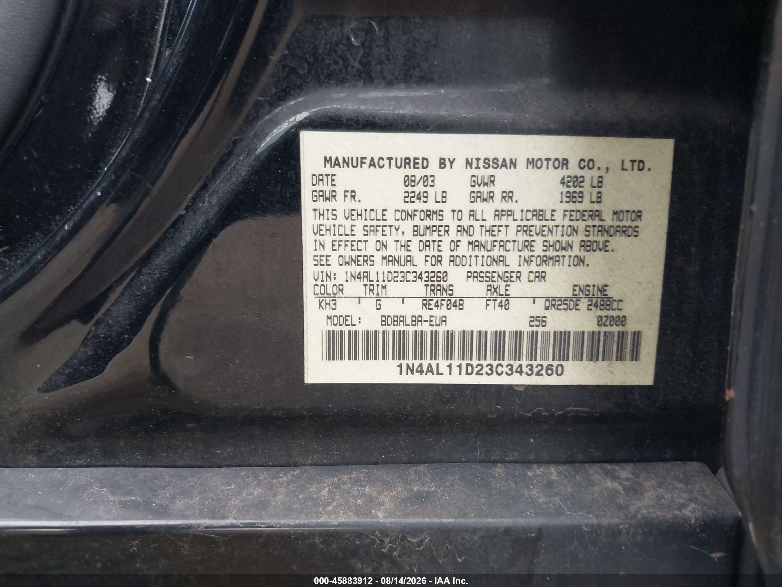 2003 Nissan Altima 2.5 Sl Черный vin: 1N4AL11D23C343260