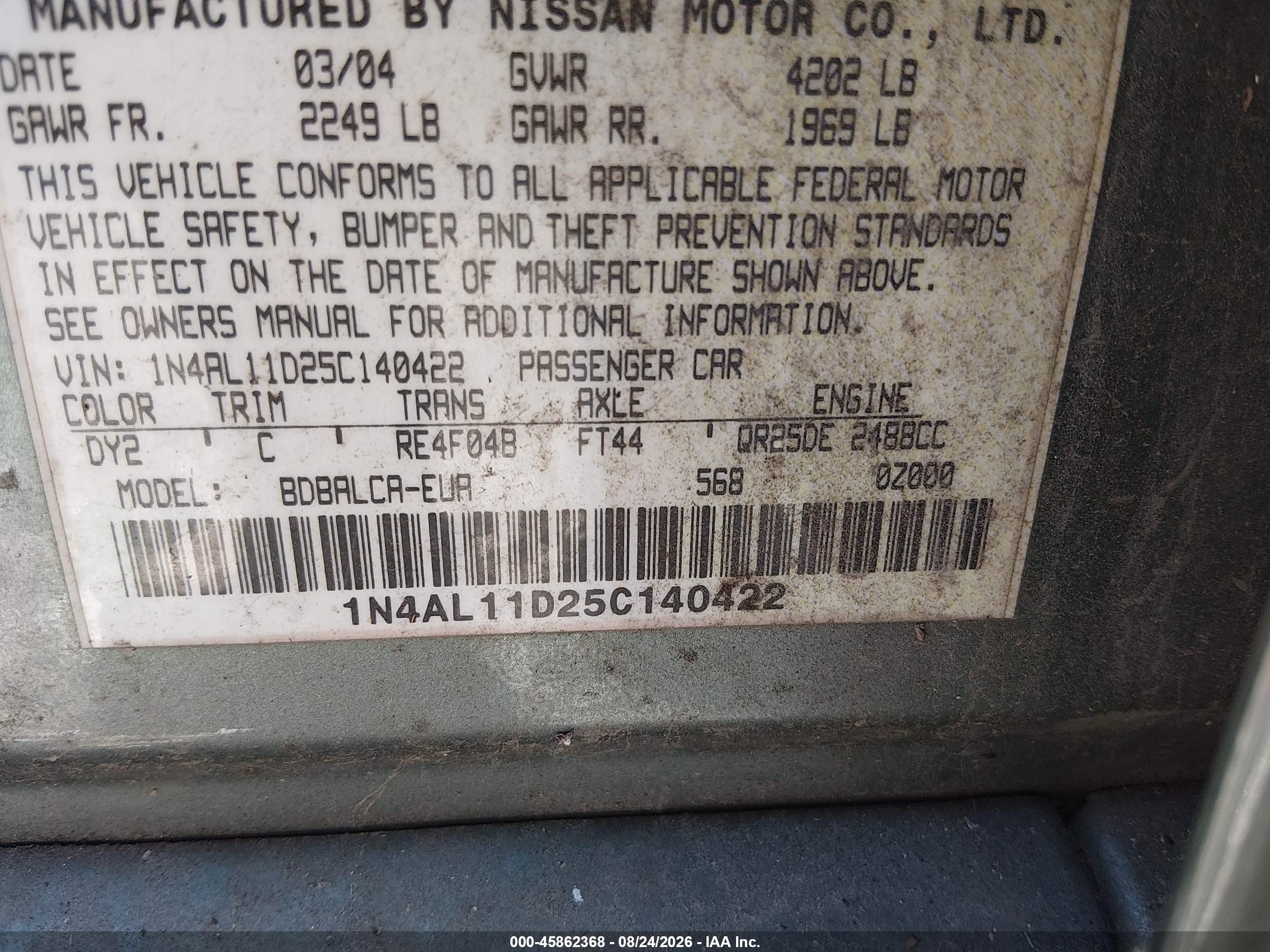 2005 Nissan Altima 2.5 S Green vin: 1N4AL11D25C140422