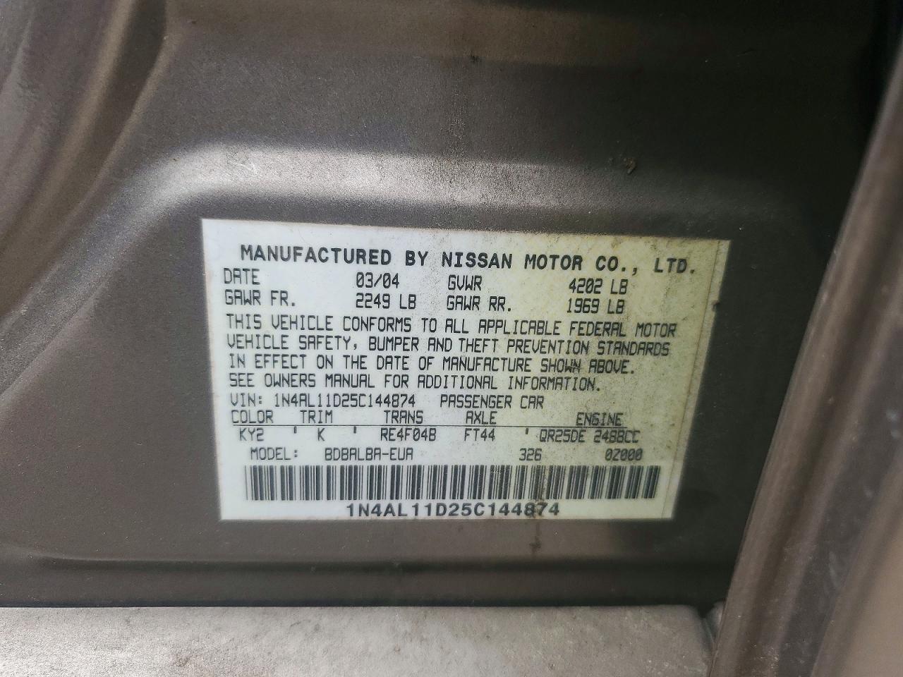 2005 Nissan Altima S/sl Beige vin: 1N4AL11D25C144874