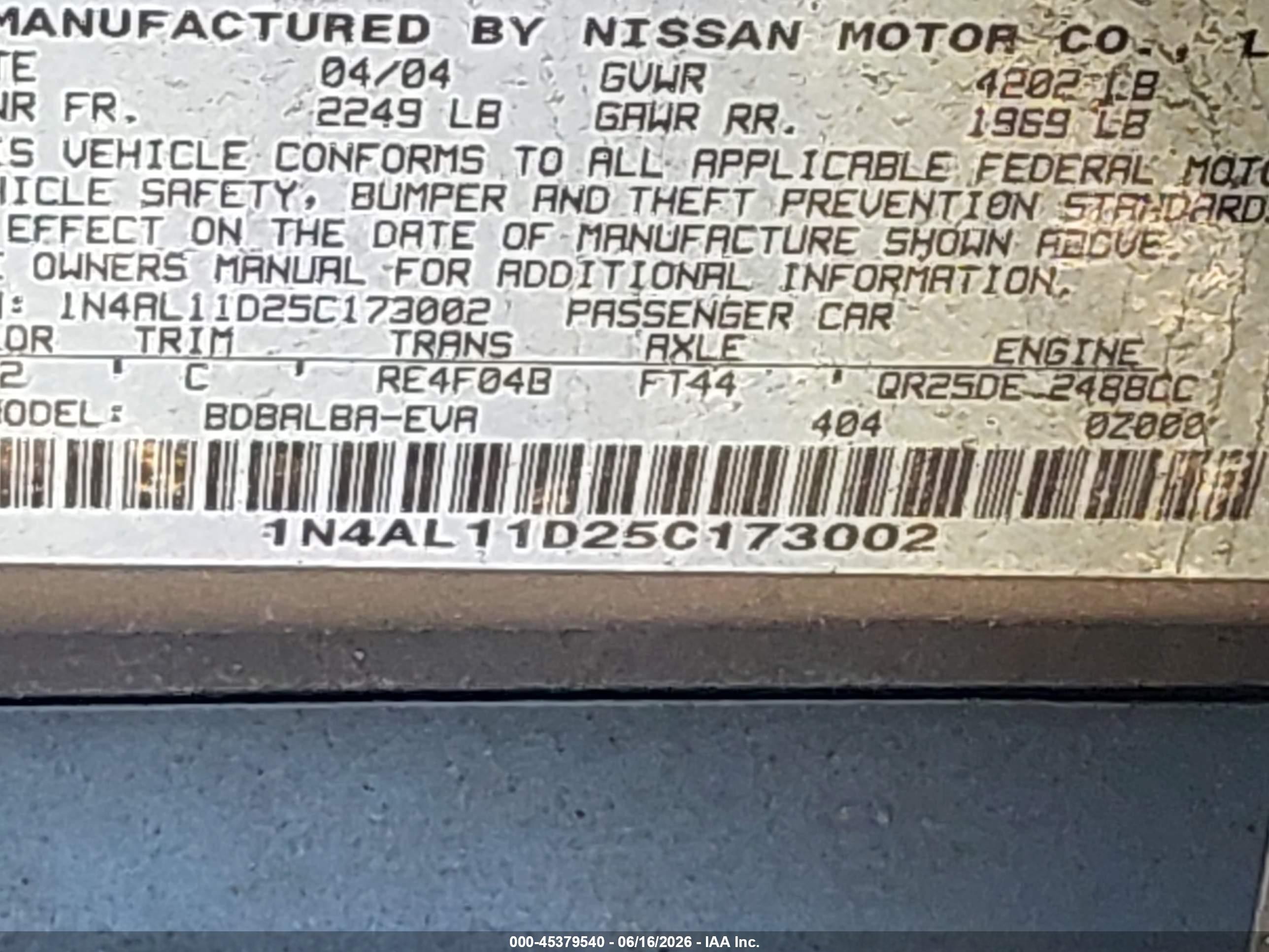 2005 Nissan Altima 2.5 S Gray vin: 1N4AL11D25C173002