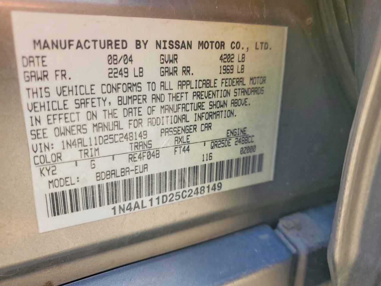 2005 Nissan Altima 2.5 Beige vin: 1N4AL11D25C248149