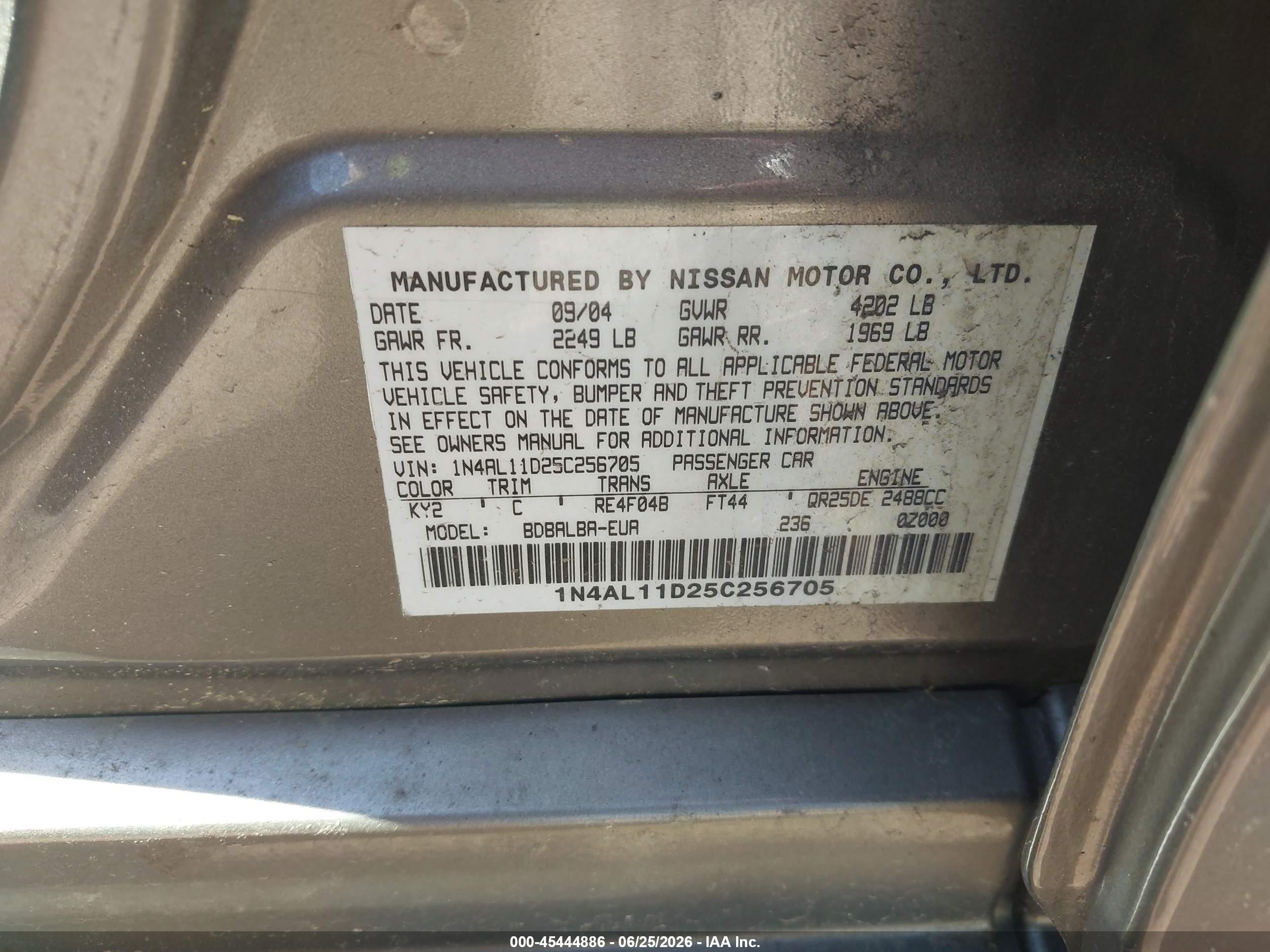 2005 Nissan Altima 2.5 S Gray vin: 1N4AL11D25C256705