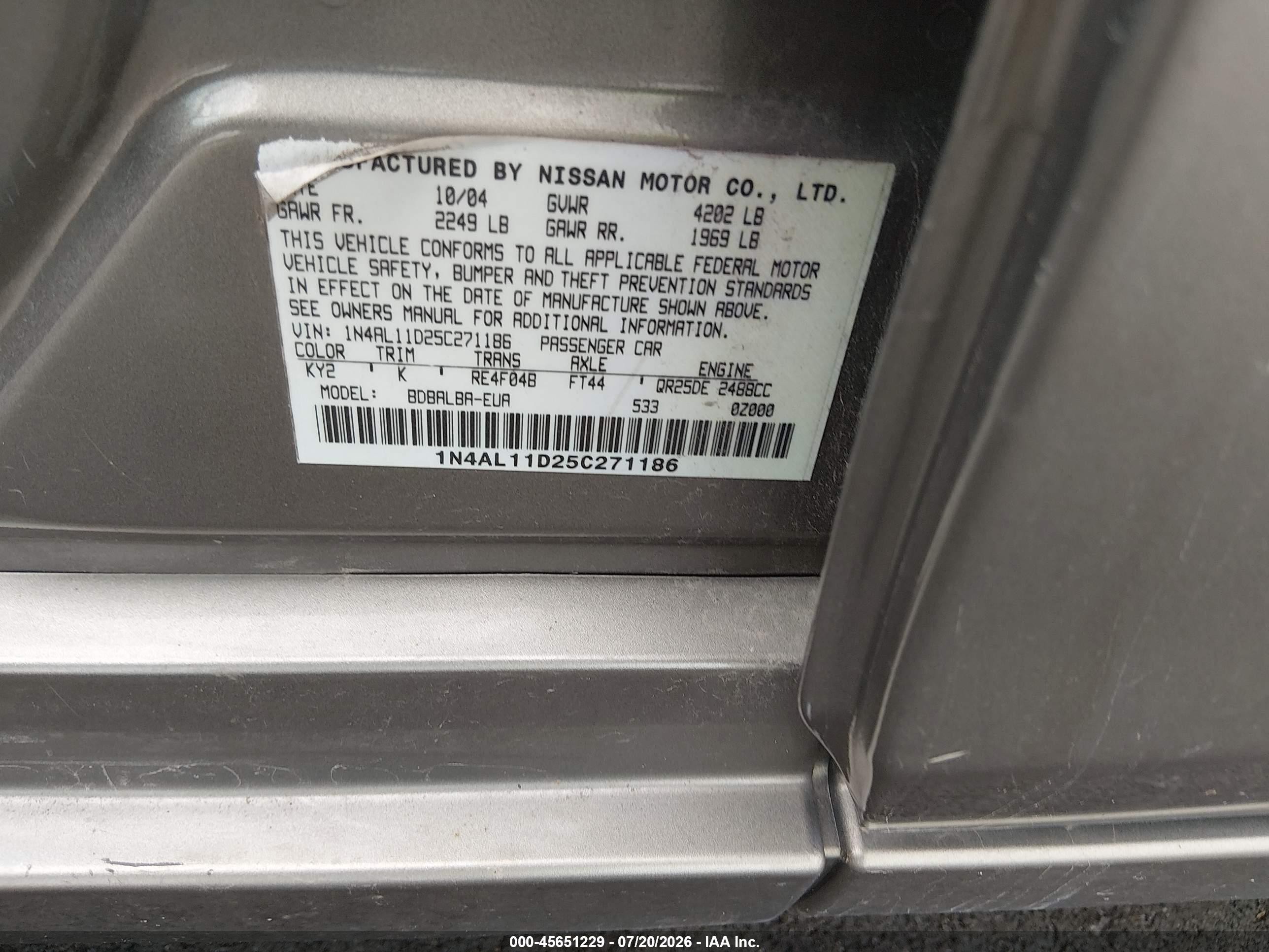 2005 Nissan Altima 2.5 S Champagne vin: 1N4AL11D25C271186