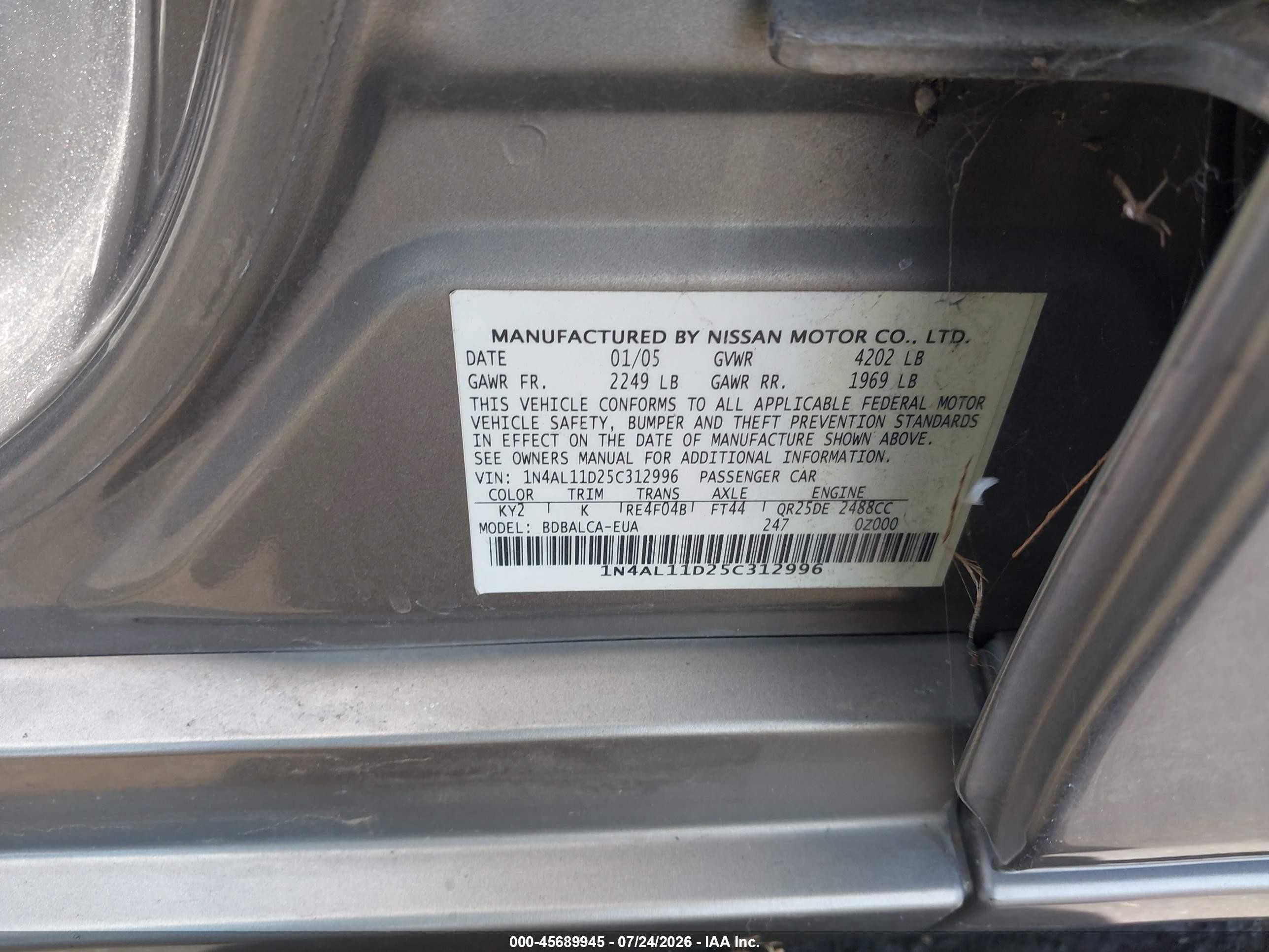 2005 Nissan Altima 2.5 S Brown vin: 1N4AL11D25C312996