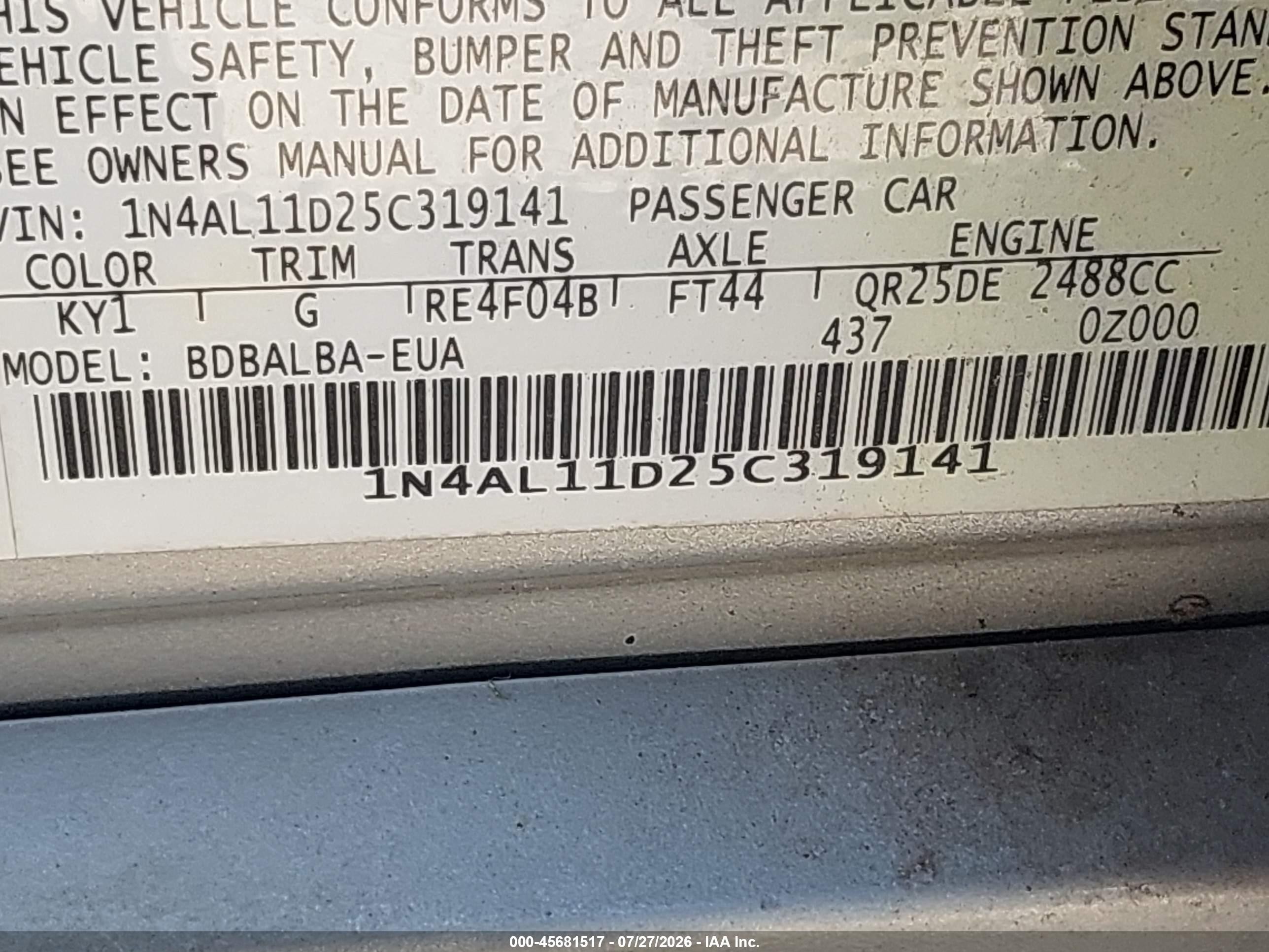 2005 Nissan Altima 2.5 S Gray vin: 1N4AL11D25C319141