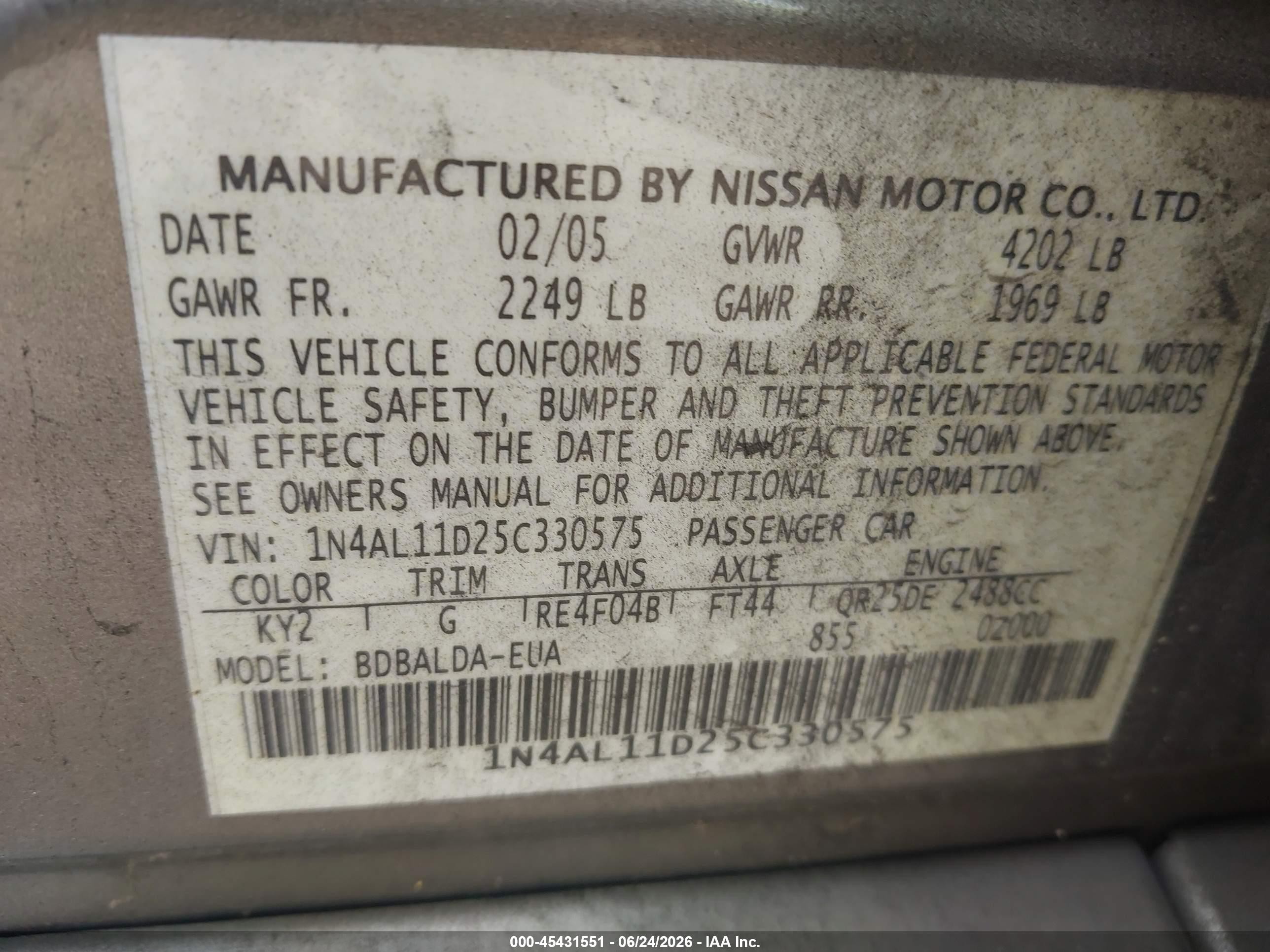 2005 Nissan Altima 2.5 S Pewter vin: 1N4AL11D25C330575